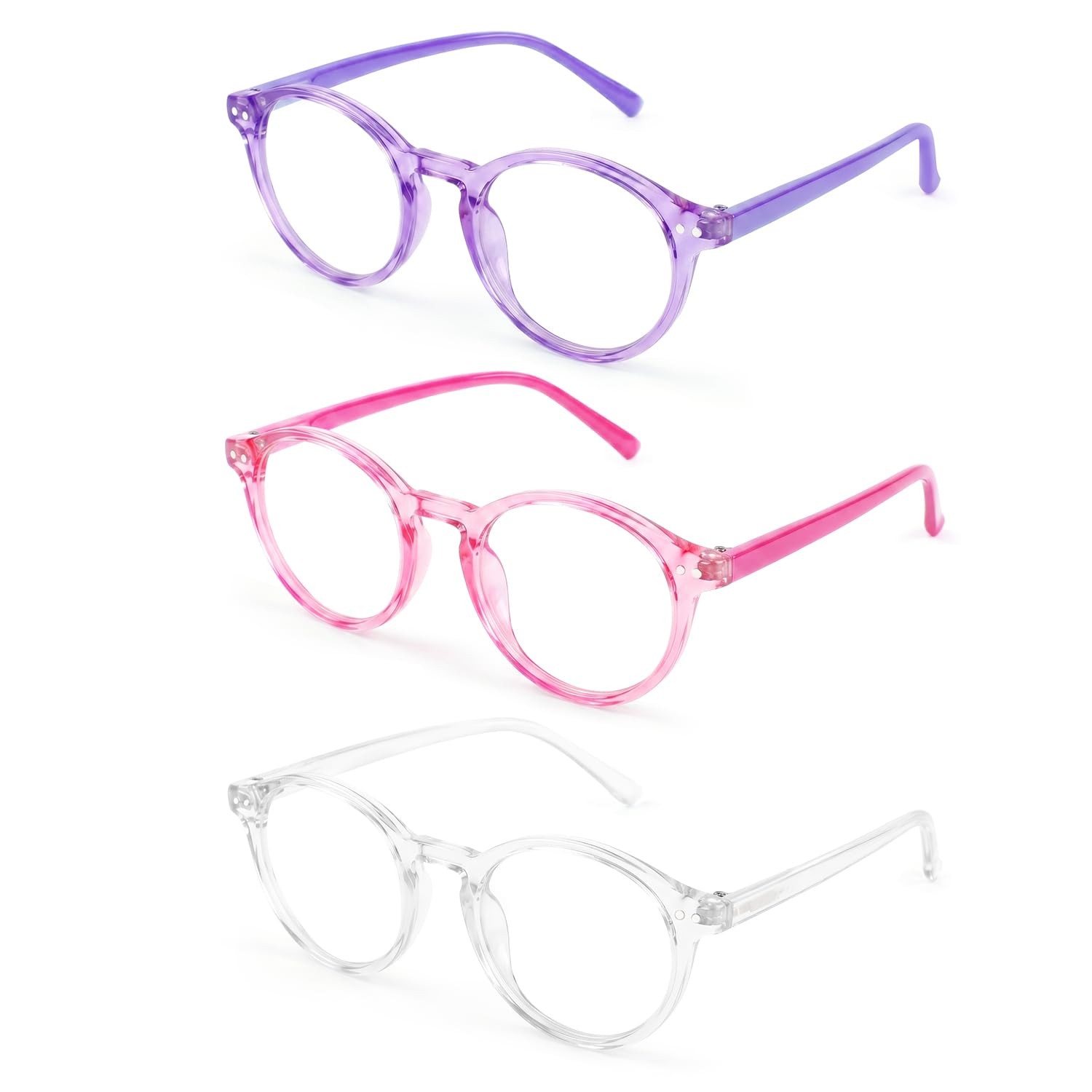 3 Pack Blue Light Glasses, Lightweight Round Frame 6-15