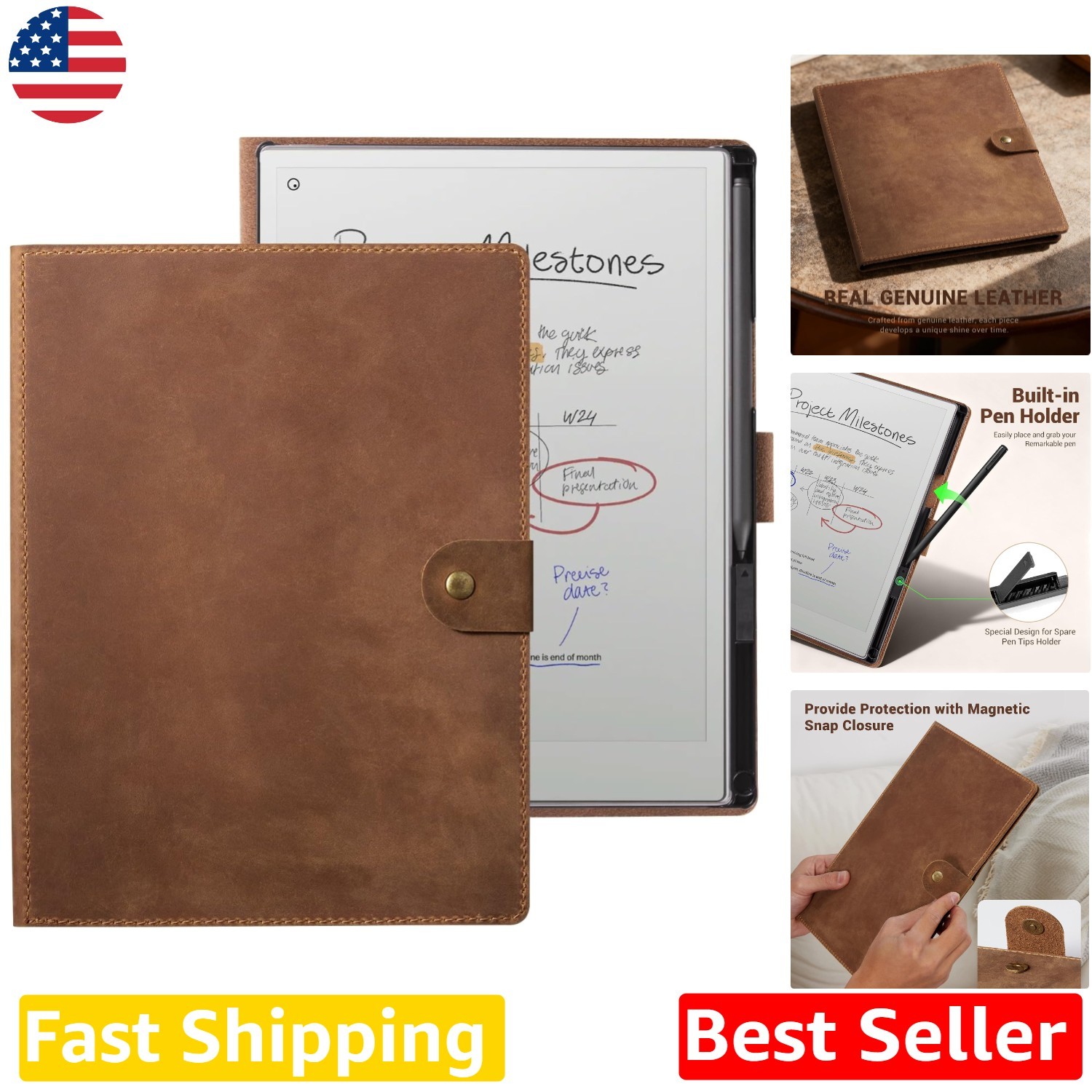 Remarkable Paper Pro 11.8" 2024 Leather Case | Genuine Brown Folio Slim, Auto...