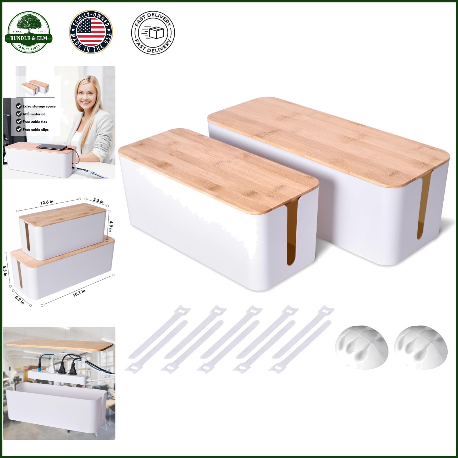 2-Pack Wooden Style Cable Management Box for Organizing TV and Computer Wires