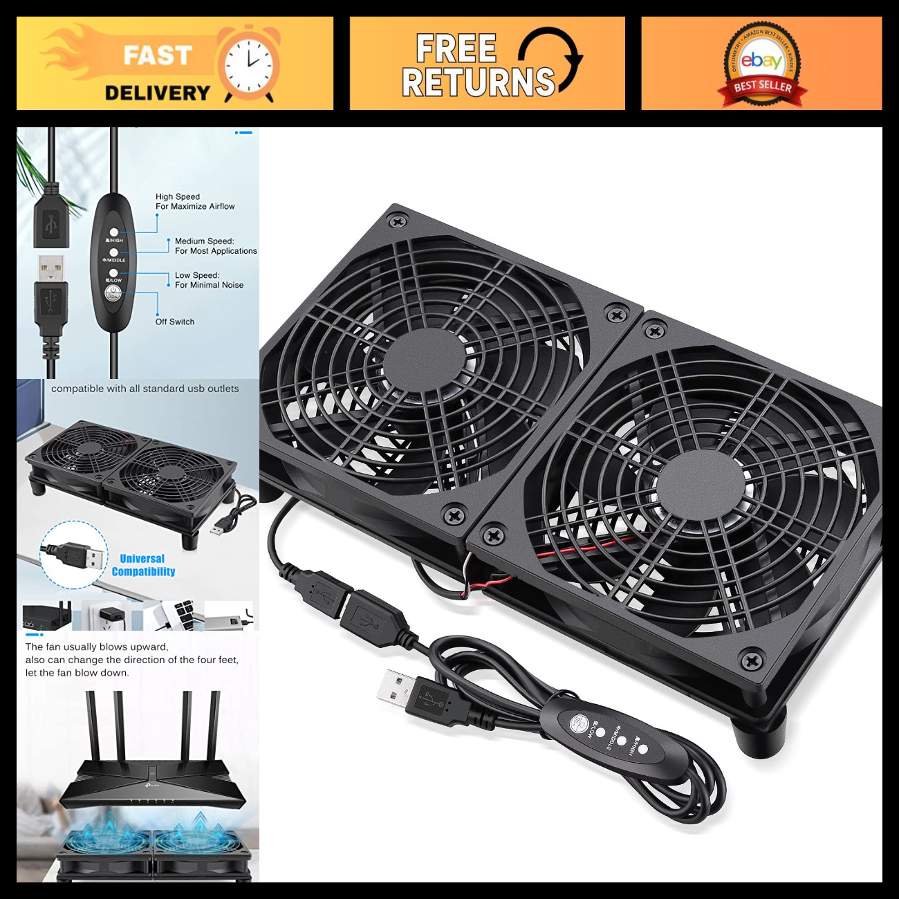 240mm Router Fan Cooler - Adjustable L/M/H Speed Control, USB Powered, DC 5V
