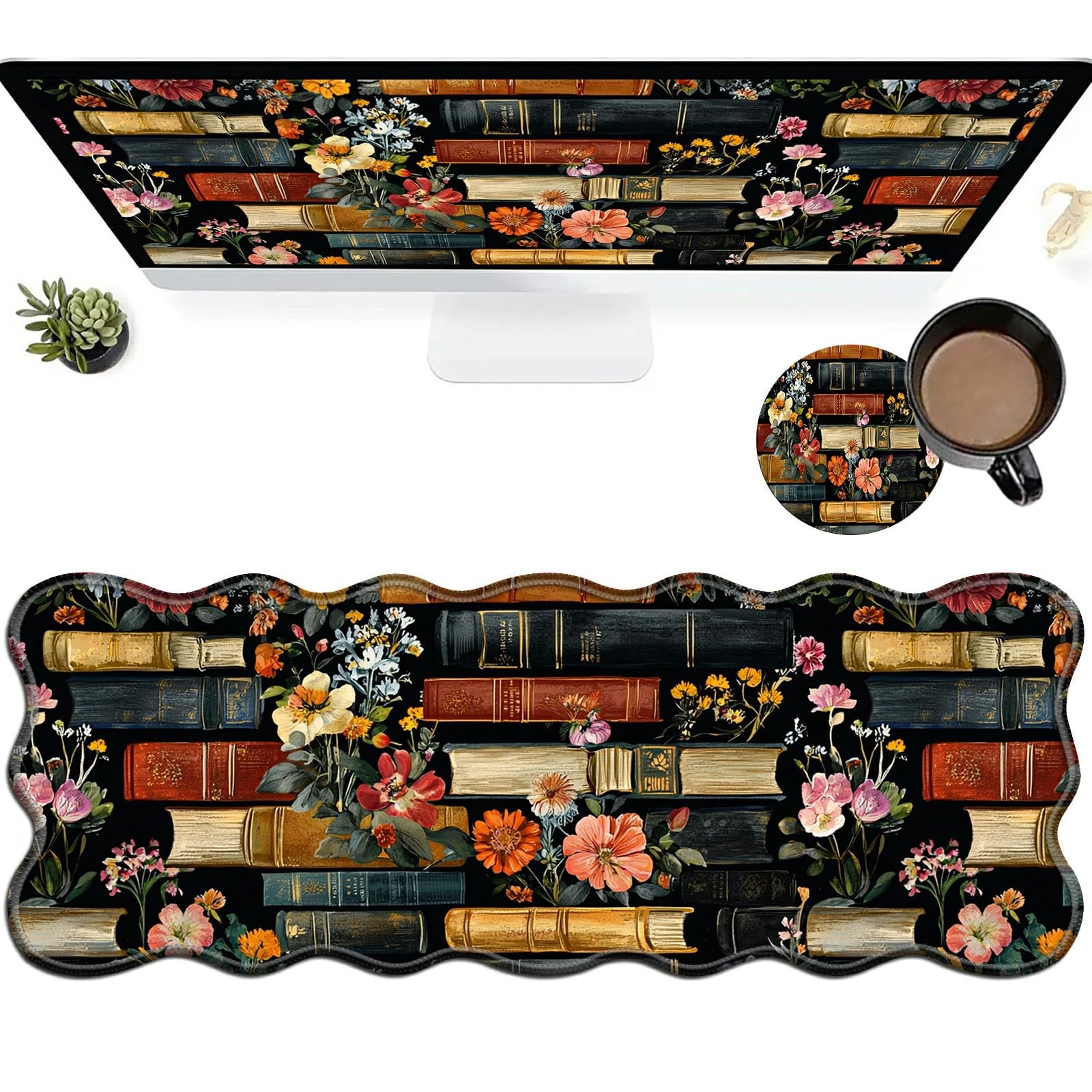 SROJDHFJB Flowers Bookshelves Large Gaming Mouse Pad Plus Coaster, 31.5 x 11.8