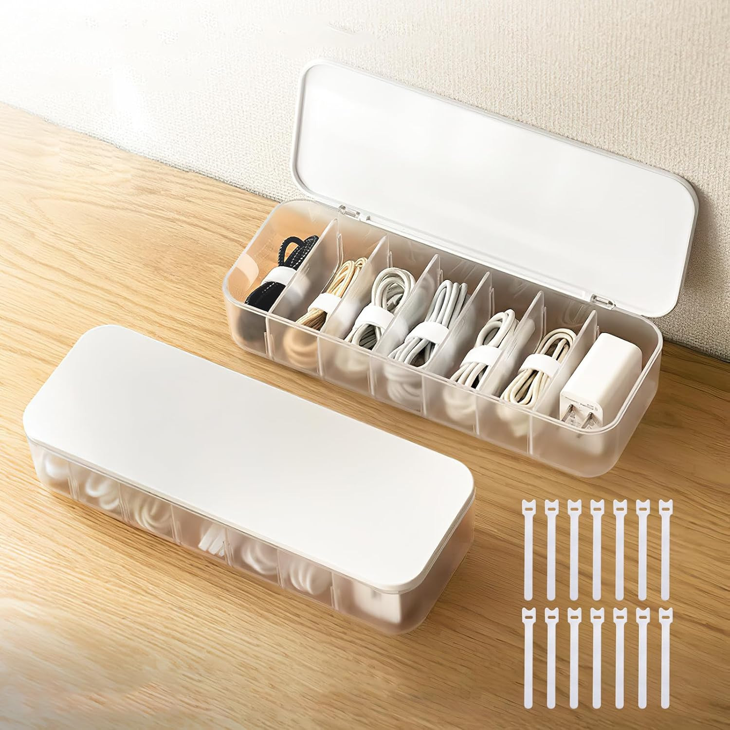2 Pcs Cable Organizer Storage Box with Lid, 14 Wire Ties, White