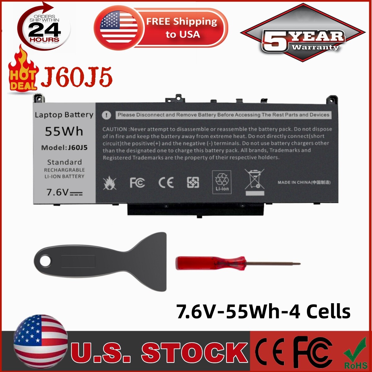 Battery For Dell Latitude E7270 E7470 J60J5 7CJRC R1V85 451-BBSX 242WD MC34Y