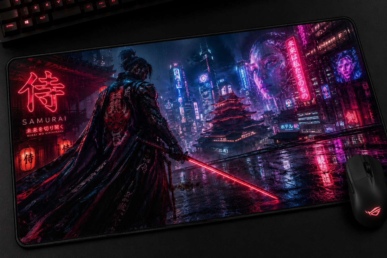Samurai Cyberpunk XXL Mouse Pad: Enter the Neon Dojo ⚔️🌆