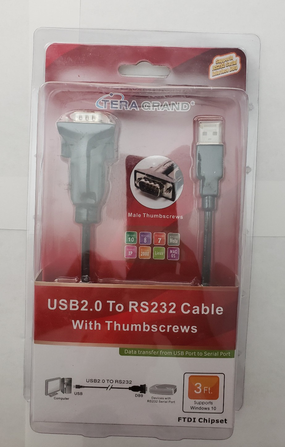 New Tera Grand USB 2.0 to RS232 Serial DB9 Cable, 3FT Male Thumbscrews