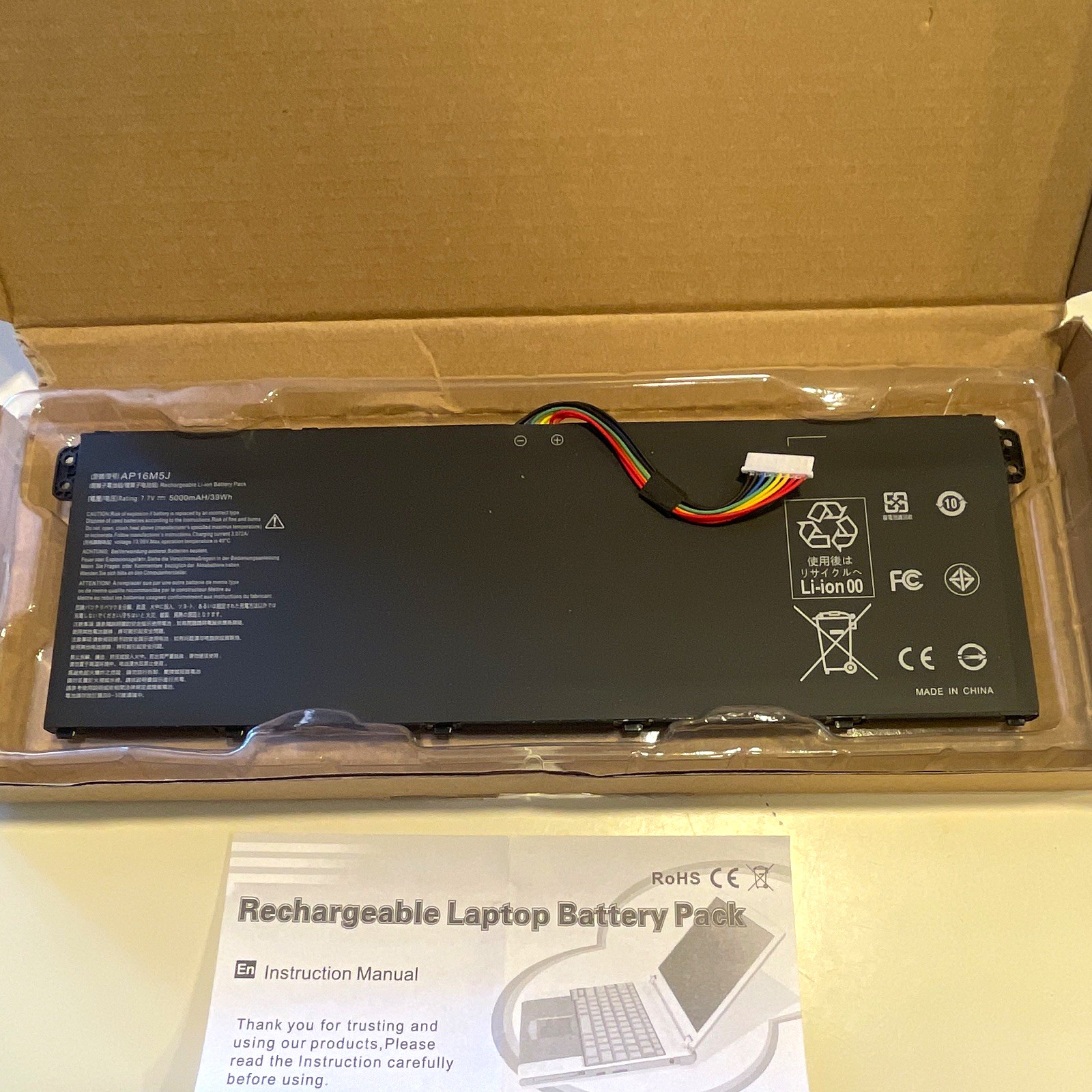AP16M5J Rechargeable Li-Ion Laptop Battery Pack 7.7V 5000mAh 39Wh Black