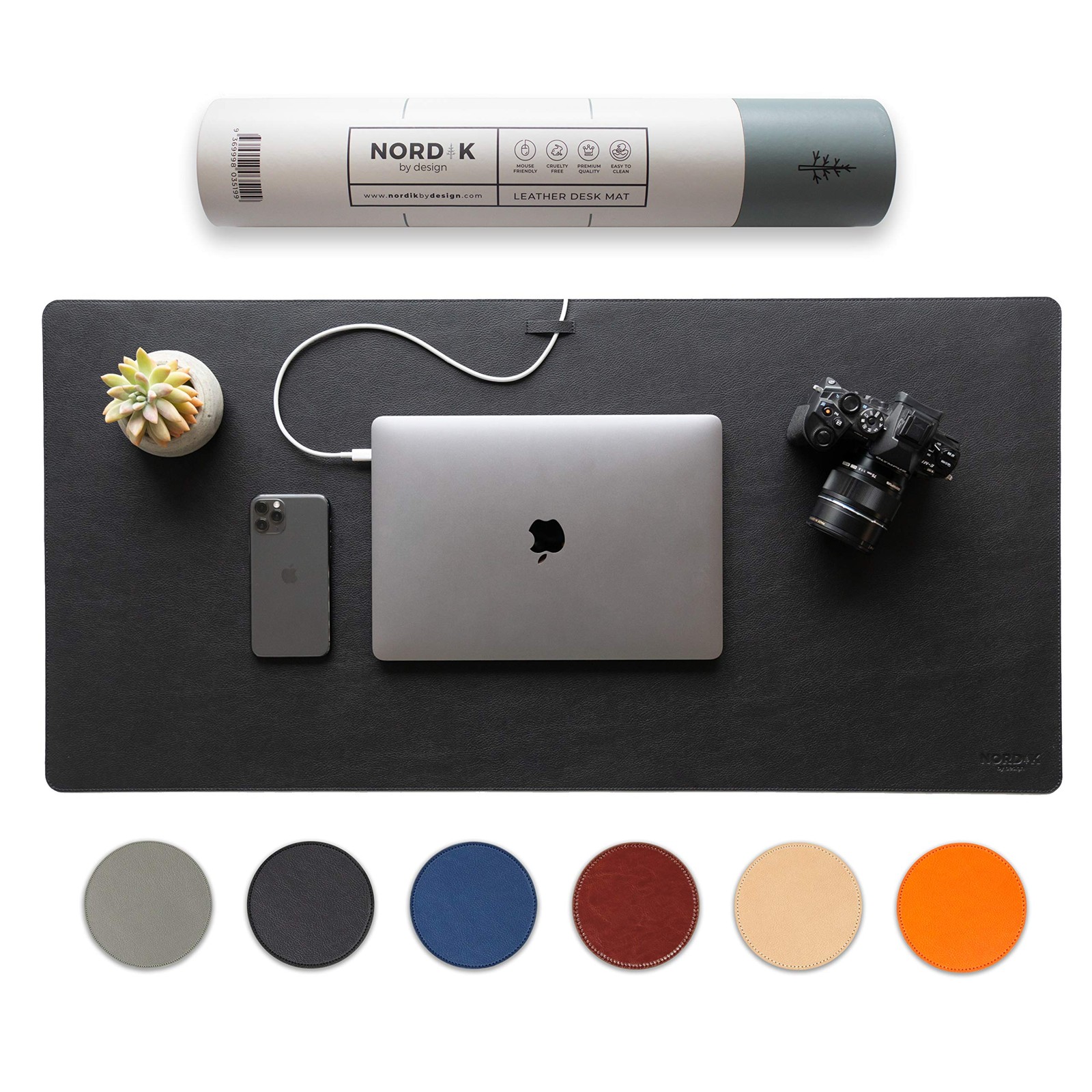 Nordik Leather Desk Mat Cable Organizer - Pebble Black 35 X 17 inch - Premium...