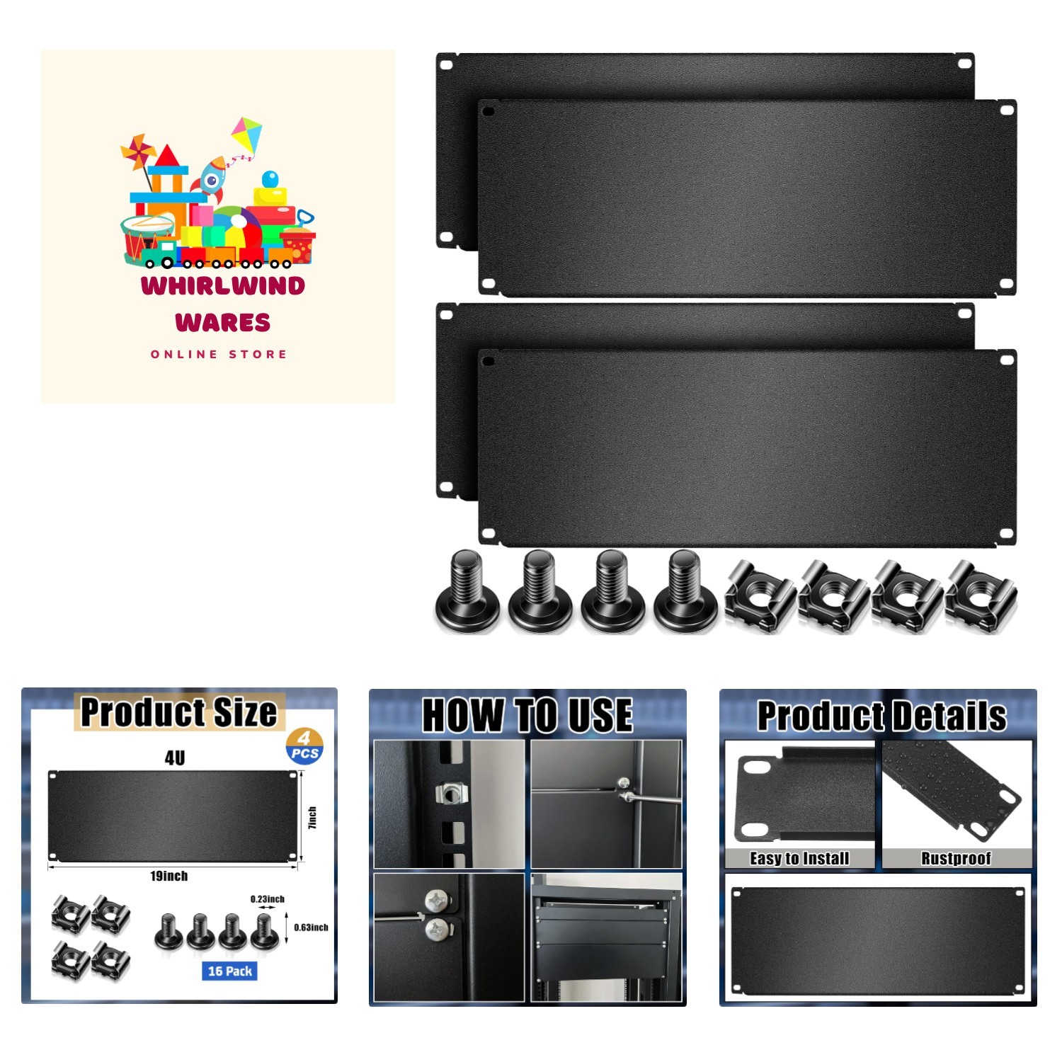 Durable 4U Blank Metal Rack Mount Panel Set - Elegant Black Finish Included