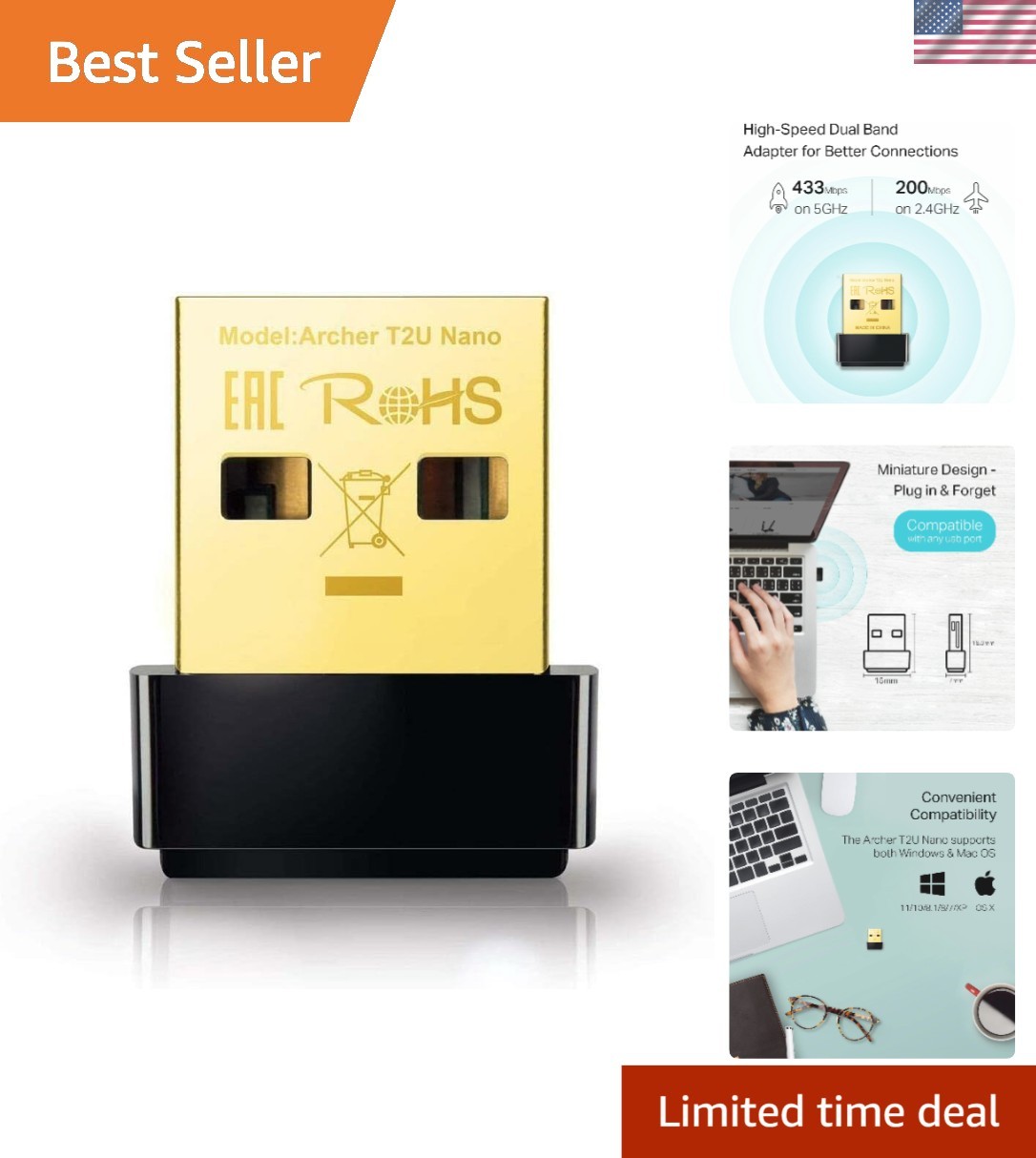 Compact Nano AC600 USB WiFi Transceiver for Fast 2.4G/5G Internet Connection