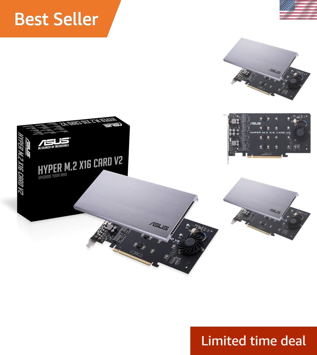Hyper M.2 X16 PCIe 3.0 X4 Expansion Card V2 Supports 4 NVMe M.2 2242/2260/228...