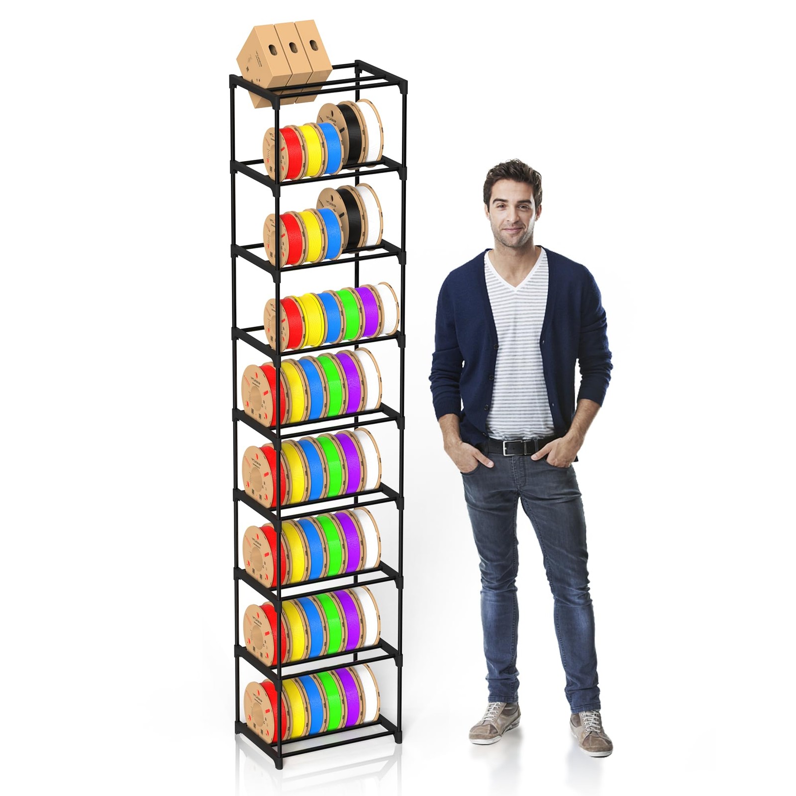 9-Tier 3D Printer Filament Storage Rack, Heavy Duty Metal Spool Holder Holds 54×