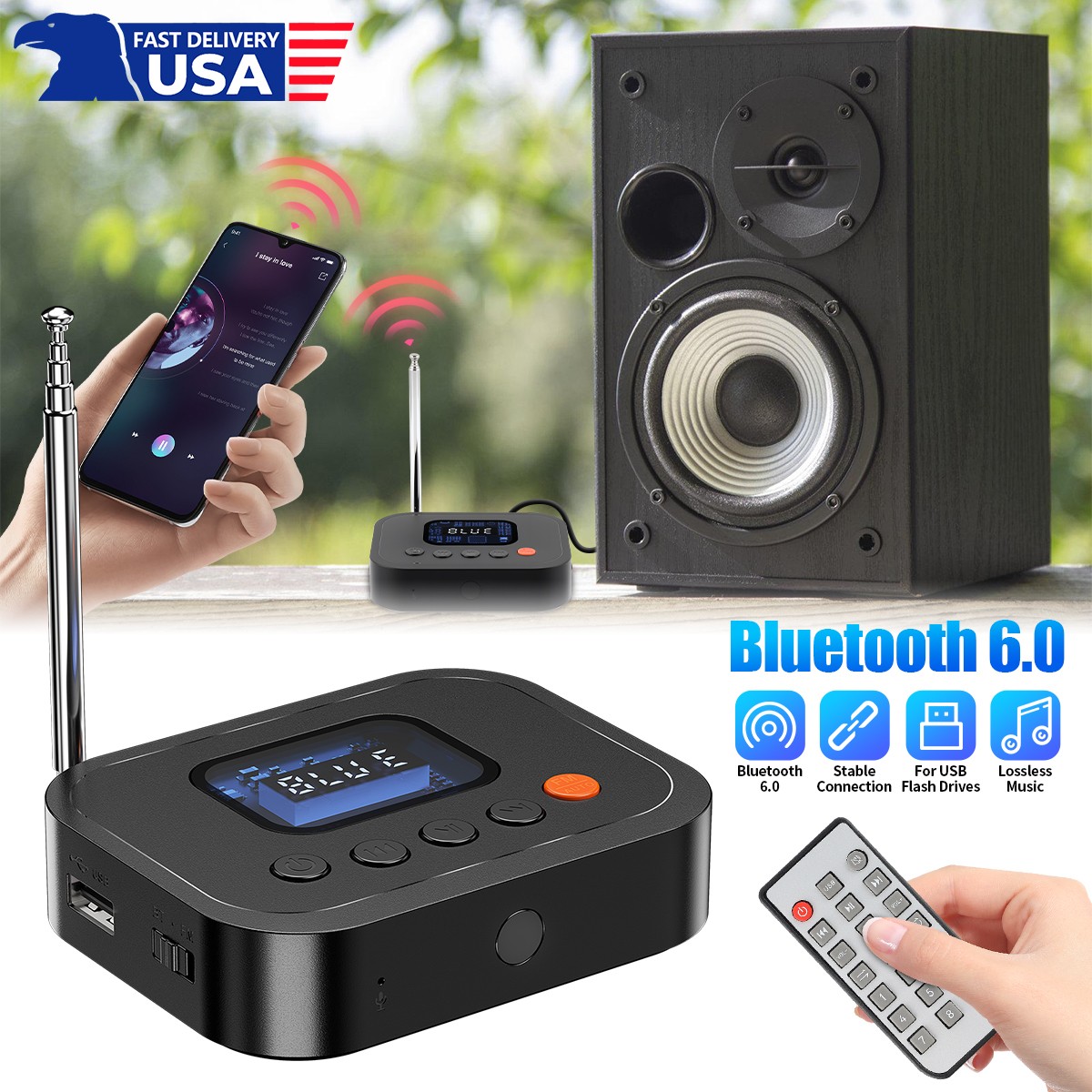 Bluetooth 6.0 Audio Receiver FM Radio 3.5Mm AUX RCA USB/U Disk Bluetooth Adapter