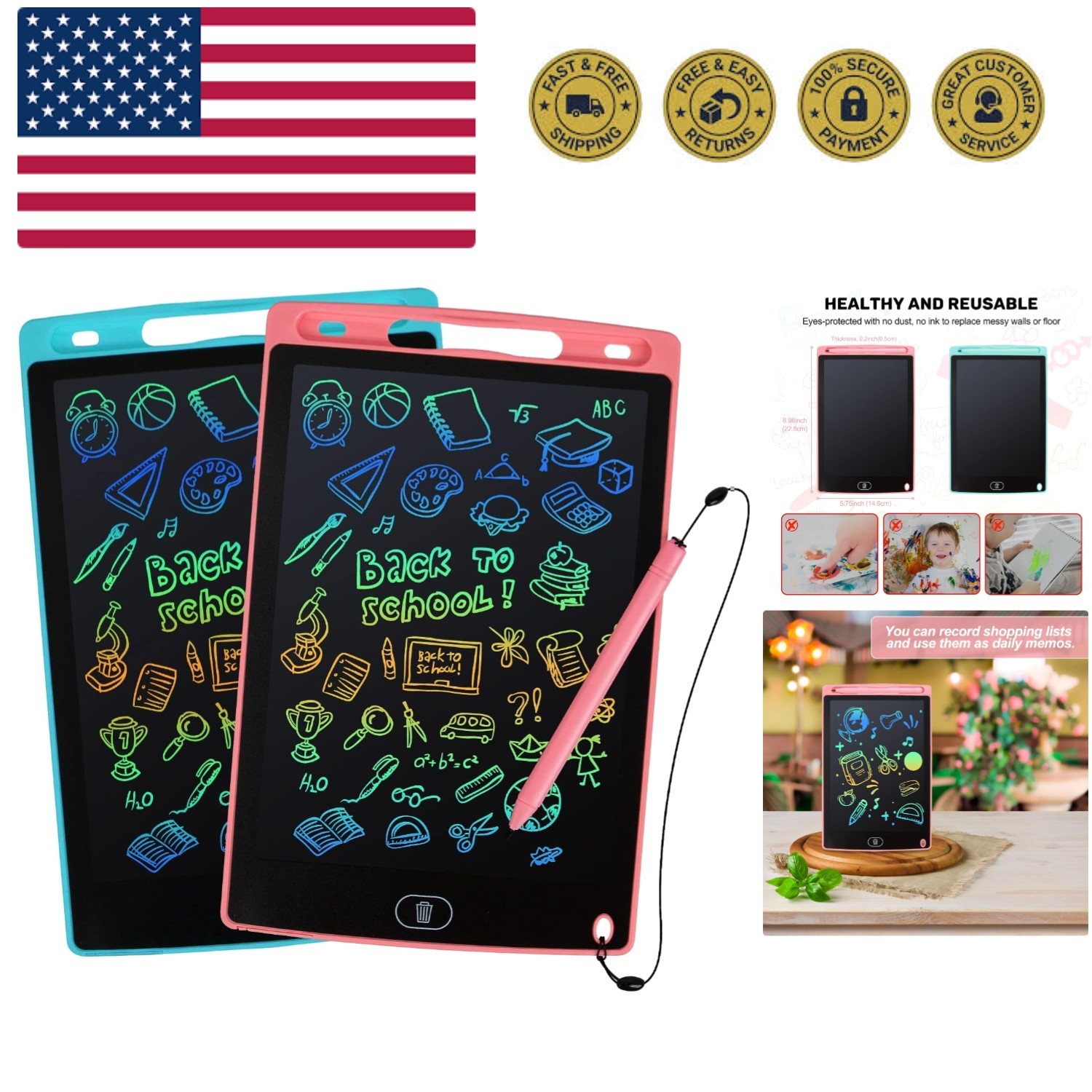 LCD Writing Tablet, 2 Packs Drawing Pads for Kids 3 4 5 6  Old 8.5 Inch Color...