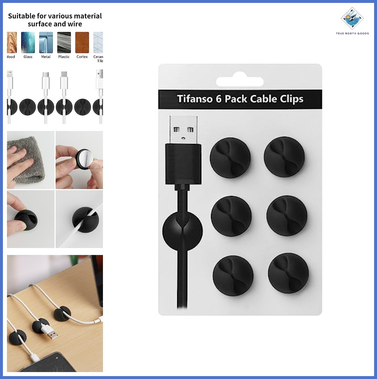 Cable Clips 6PCS Self-Adhesive Black Wire Organizers for Home Office