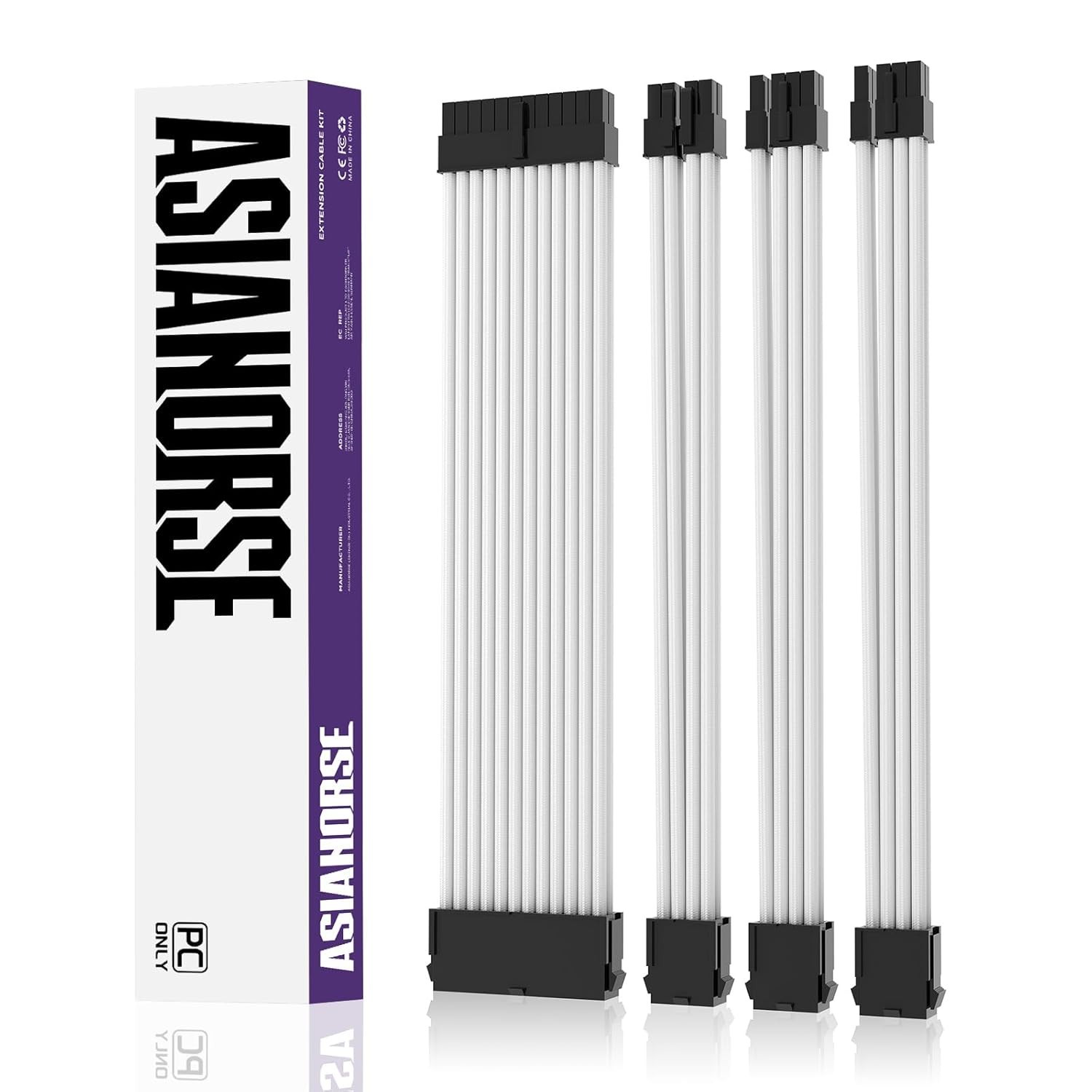 Asiahorse 18Awg PSU Cable Extension Sleeved Custom Mod GPU, Video PC White Black