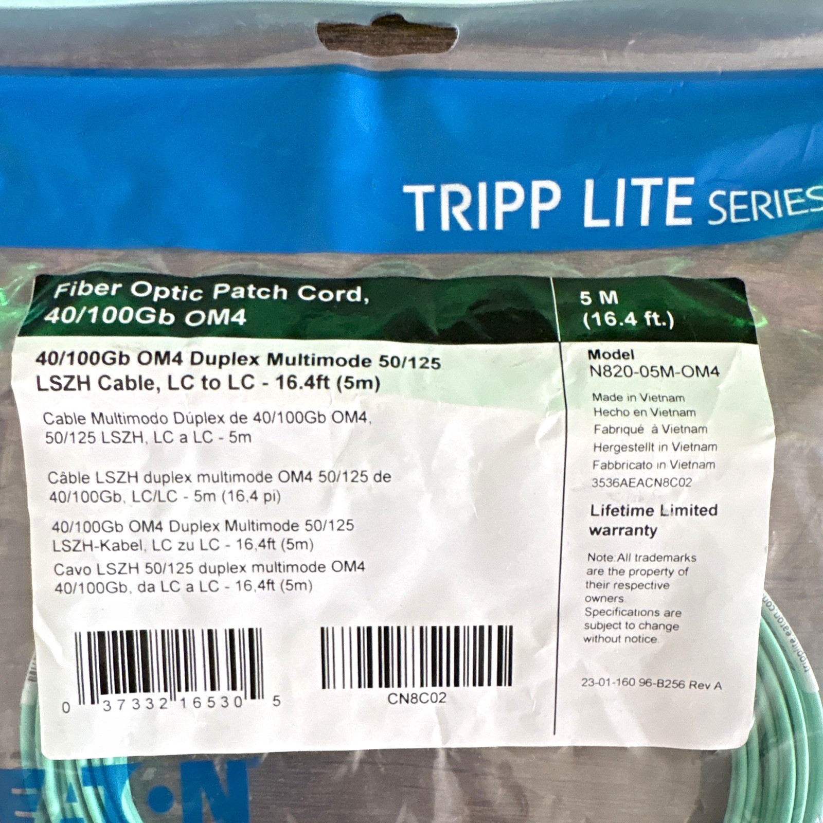 Tripp Lite OM4 Duplex Multimode Fiber Patch Cable LC-LC 5m Aqua N820-05M-OM4