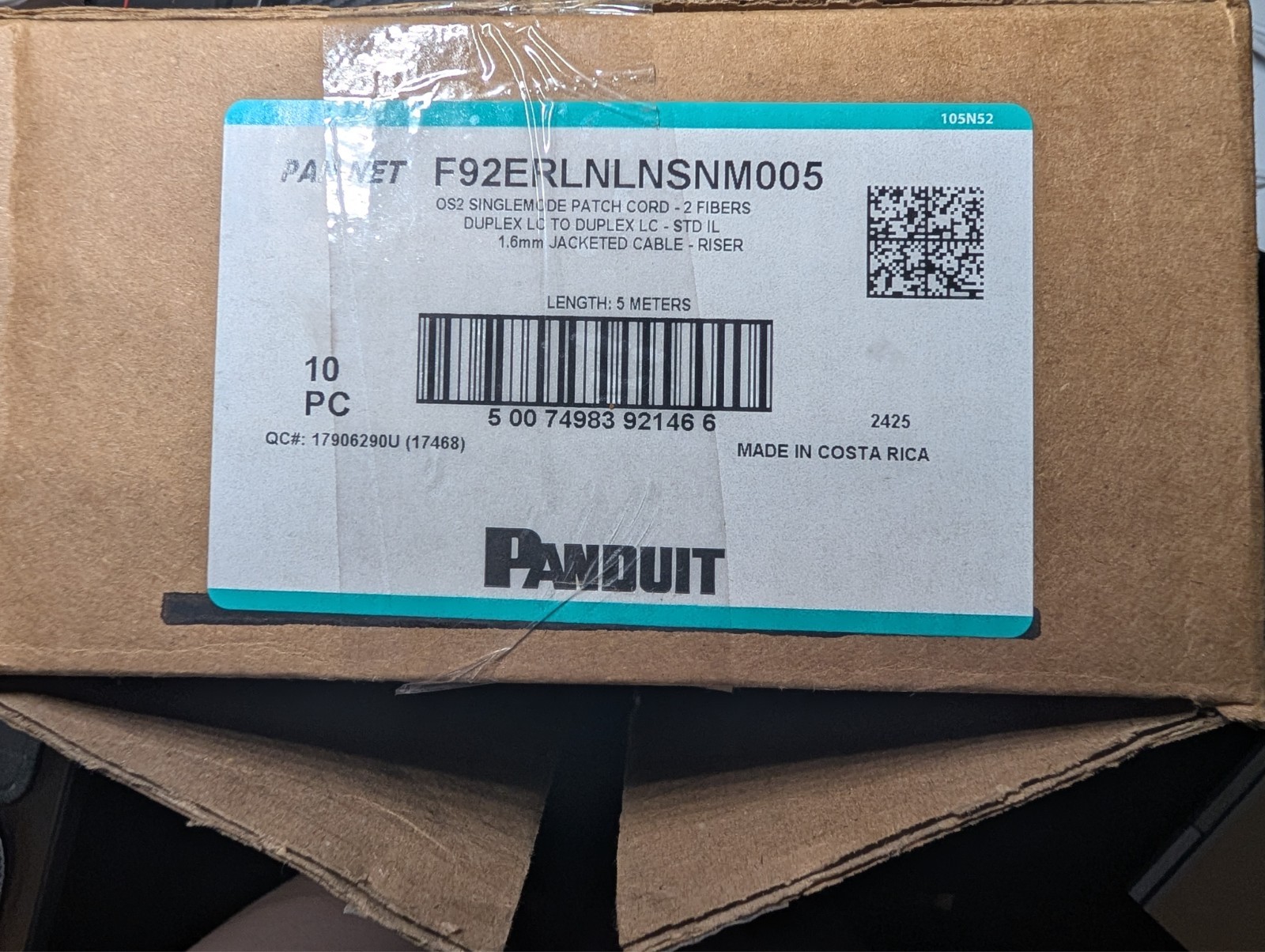 Panduit F92ERLNLNSNM005 OS2 LC-LC Duplex Fiber Optic Patch Cable 5m. 10packs