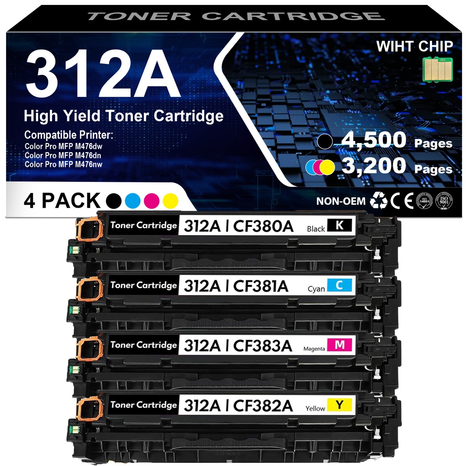  312A Toner for HP Color Laserjet Pro MFP M476dn M476dw (With Chip)4PK CF380A