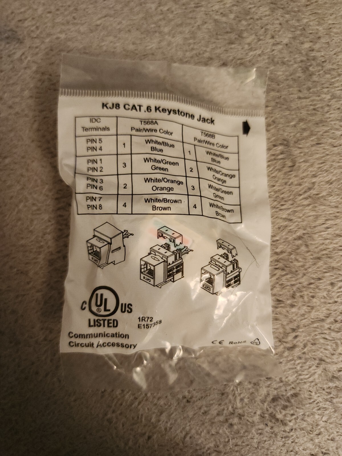 Keystone CAT6 Ethernet RJ-45 110 Punch Down Ivory Jack 