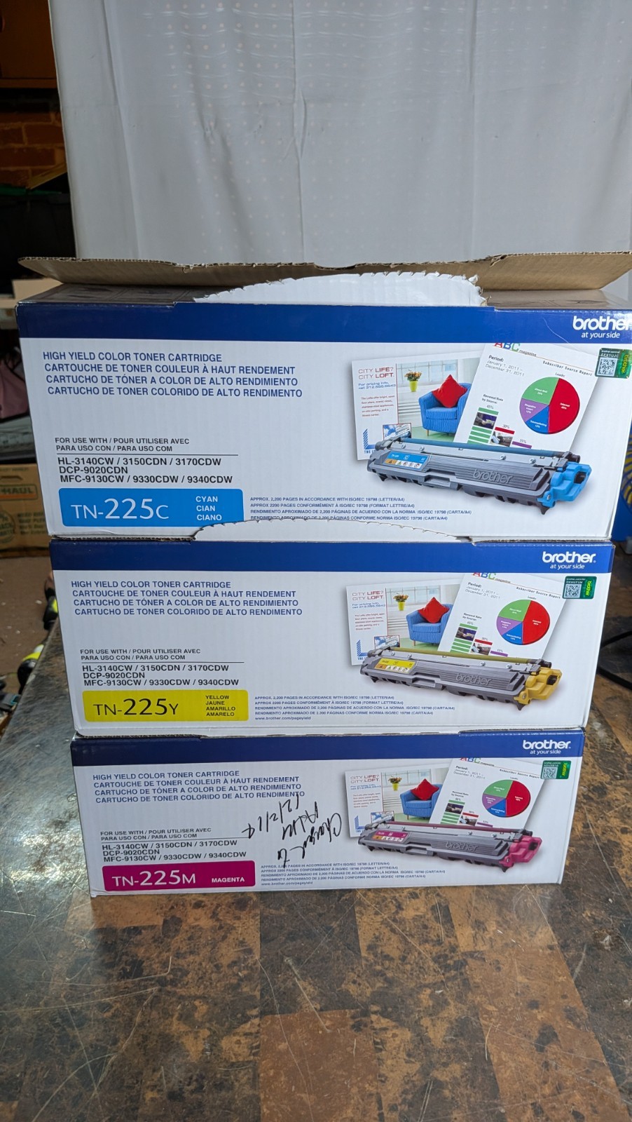 Open Box Genuine Brother TN-225 Color Toner Cartridge Set Cyan Magenta Yellow
