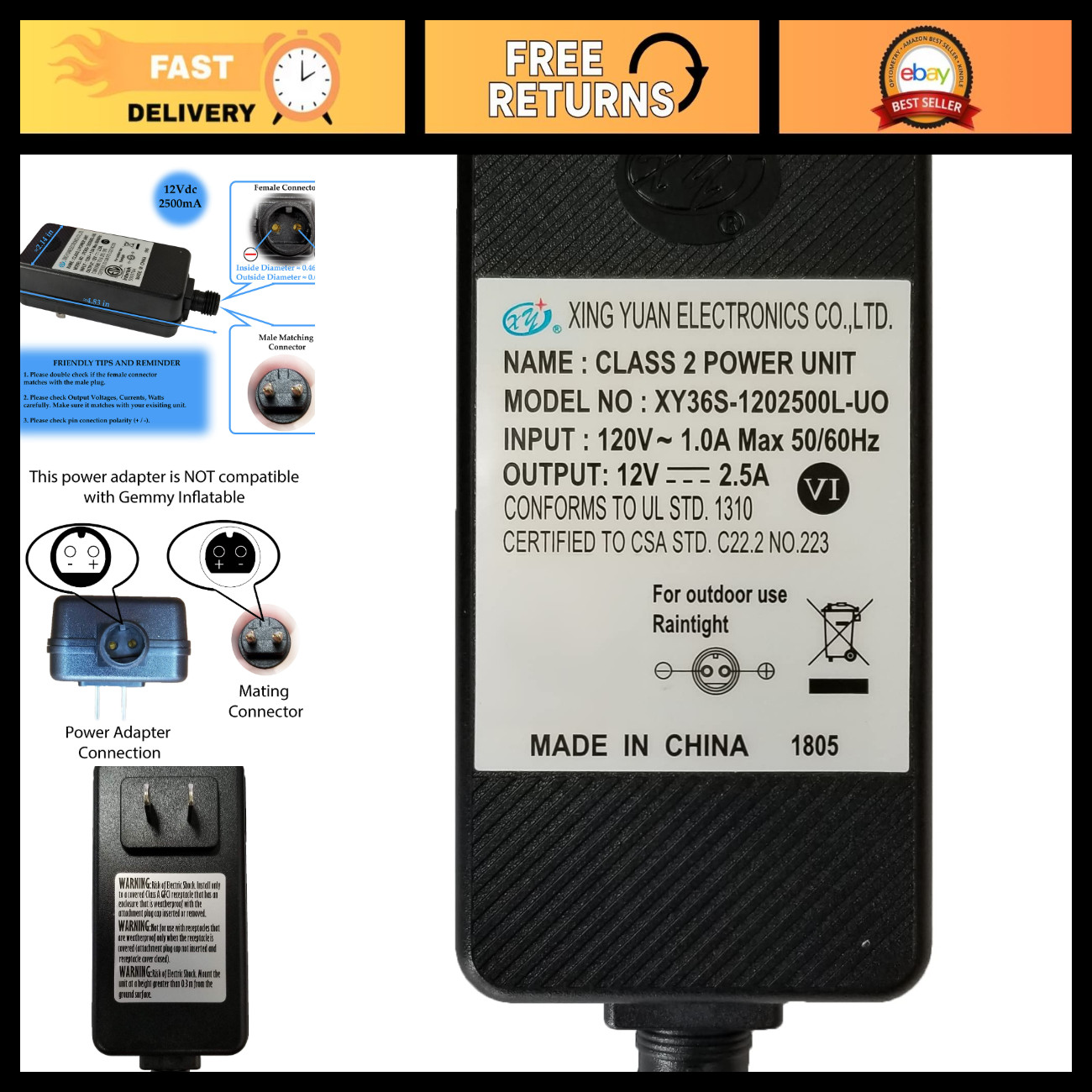 12V DC 2.5A Inflatable Air Pump Power Supply Adapter ETL Listed Replacement