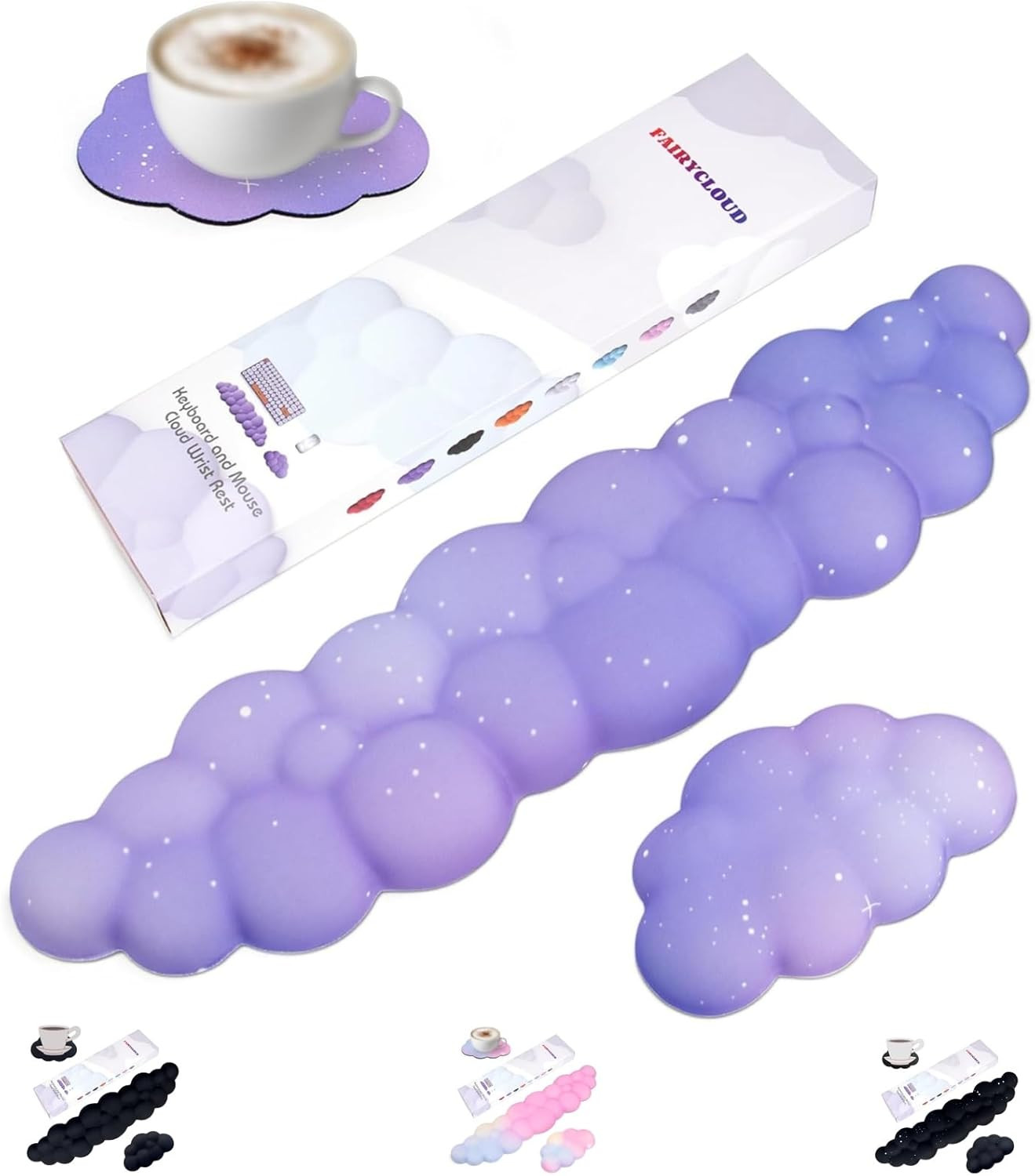 Silky Cloud Wrist Rest Set for Keyboard & Mouse, 16.9", Purple Star | Memory Foa
