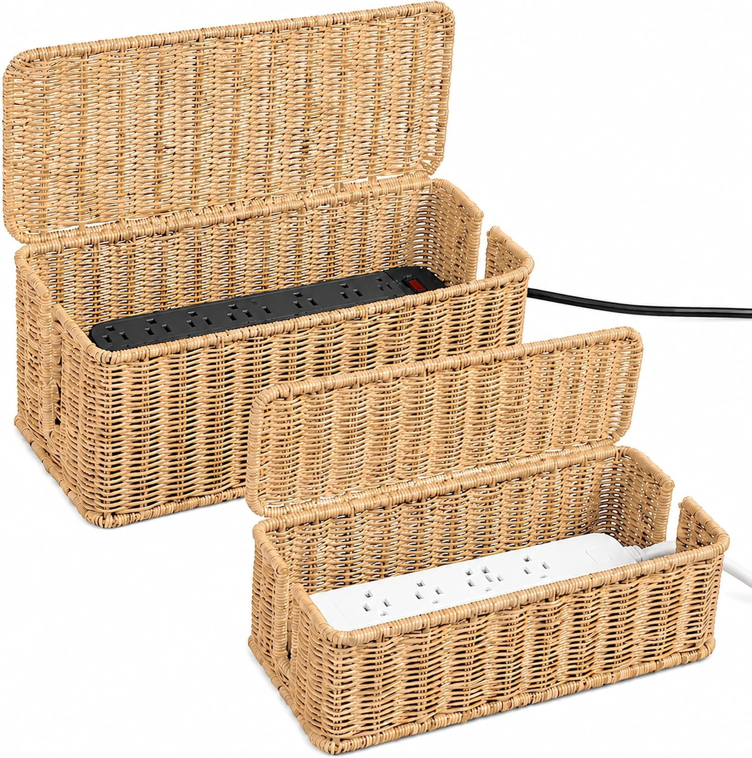 Cable Management Box Set of 2 Sizes, Handmade Rattan Cable Organizer with 2 Open