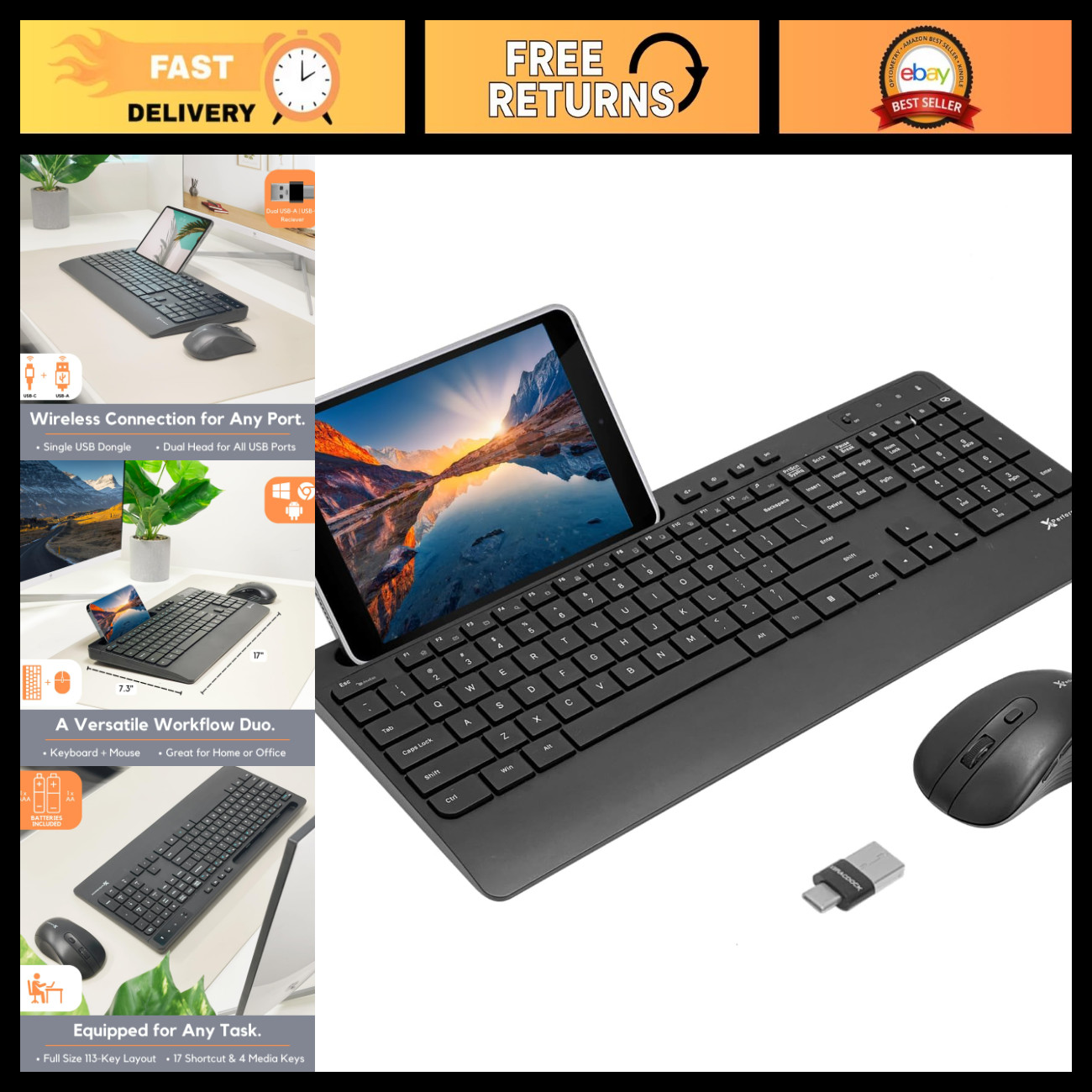 Wireless USB-C Keyboard & Mouse Combo - Dual Port USB A/C, 113 Keys, Phone Stand
