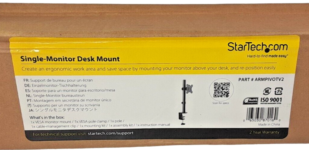 StarTech Single Monitor Desk Mount Adjustable Single Monitor VESA Mount 8kg. New