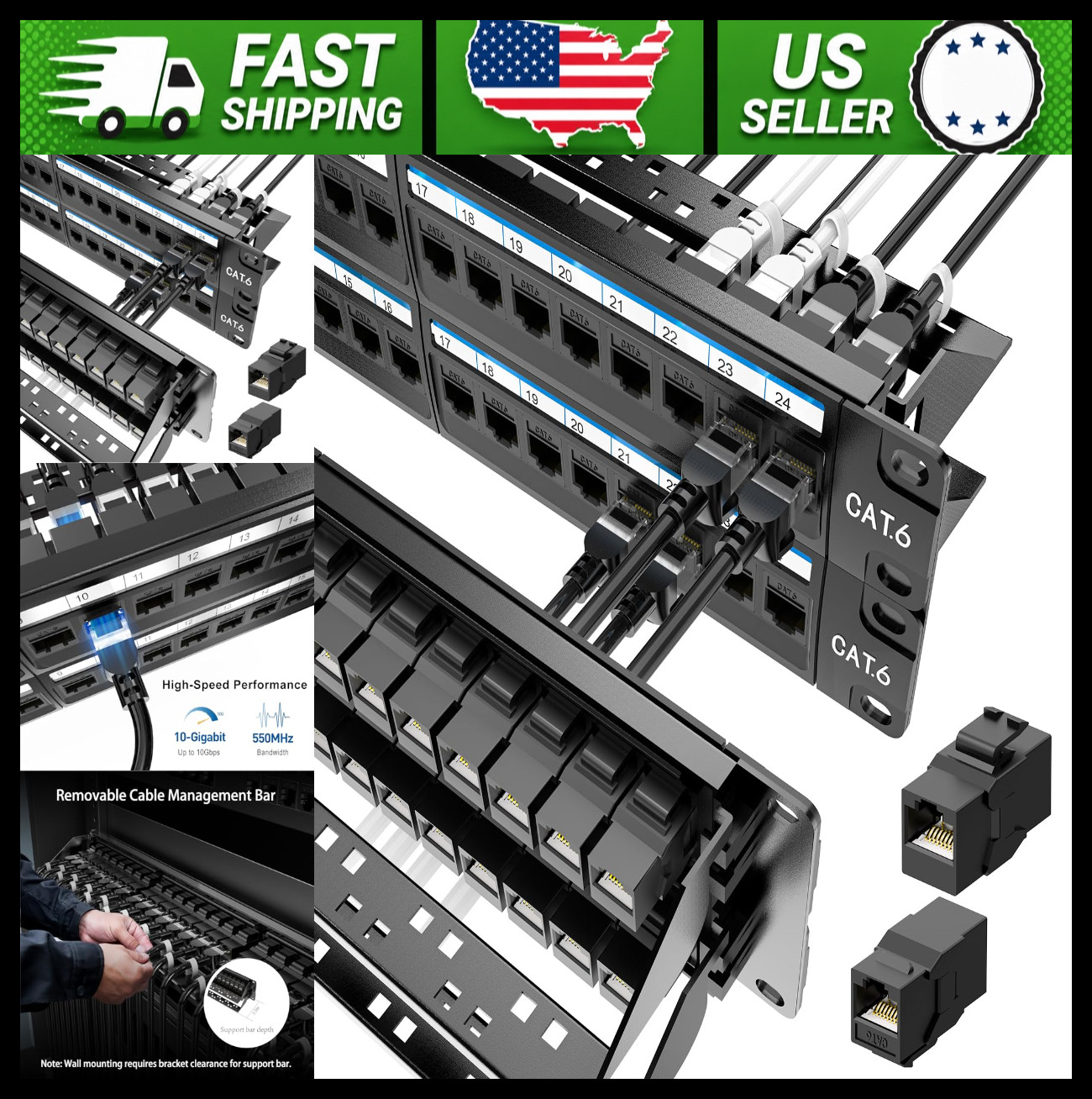 Jadaol 48-Port Patch Panel, 19-Inch 2U Rackmount/Wall Mount