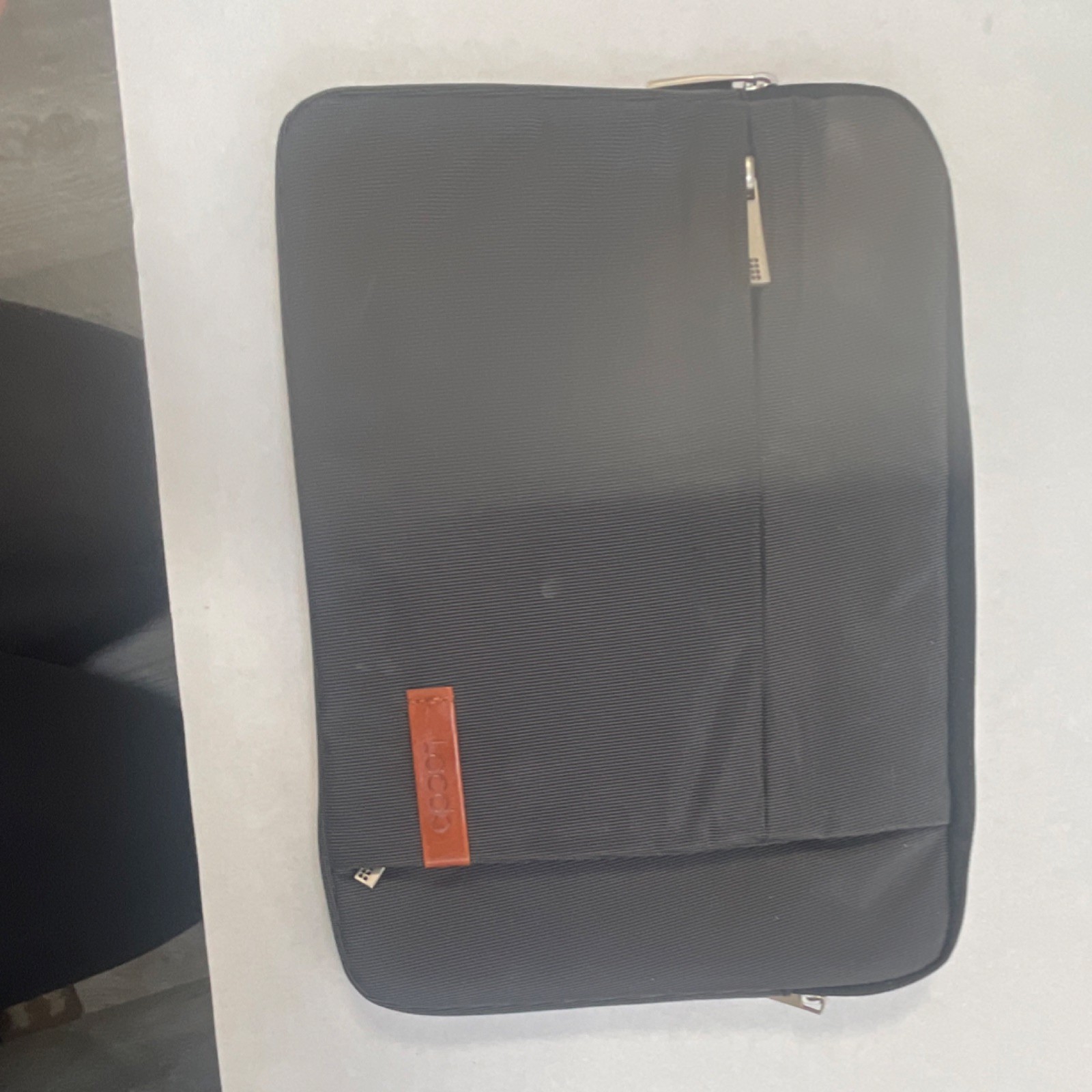 HOOP Black Fabric Laptop Sleeve Case Solid Pattern with Zipper and Brown Accent