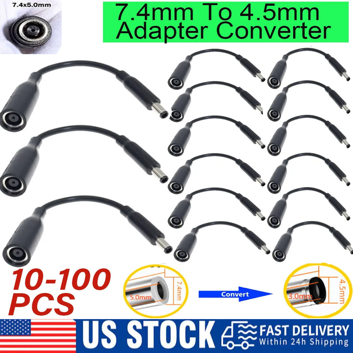 10-100pc DC/AC Power Charger Converter Adapter Cable 7.4mm To 4.5mm For Dell Lot
