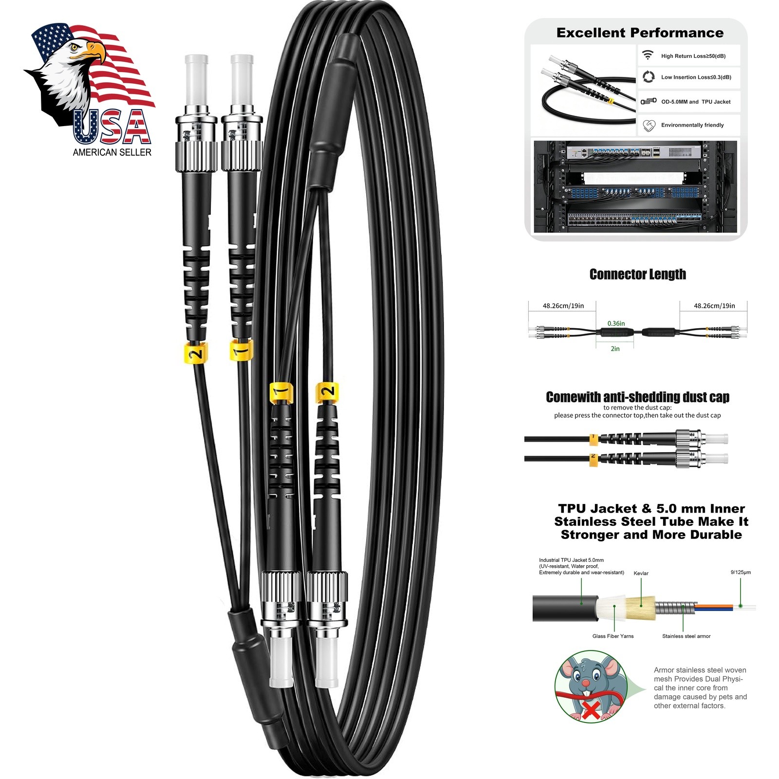 FiberPrime OS2 ST to ST Fiber Patch Cable, 15FT Outdoor