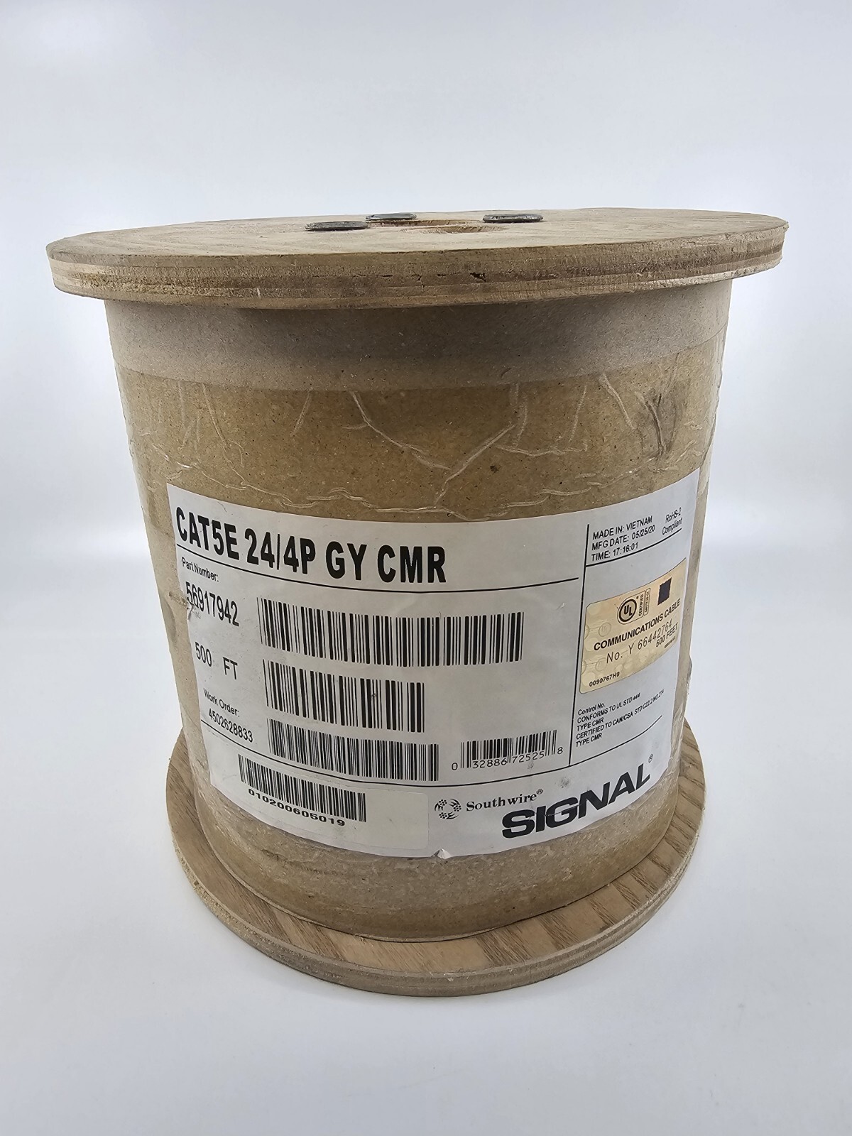500 ft. South wire SIGNAL Gray 24/4P Solid CU CAT5e CMR (Riser) Data Cable New
