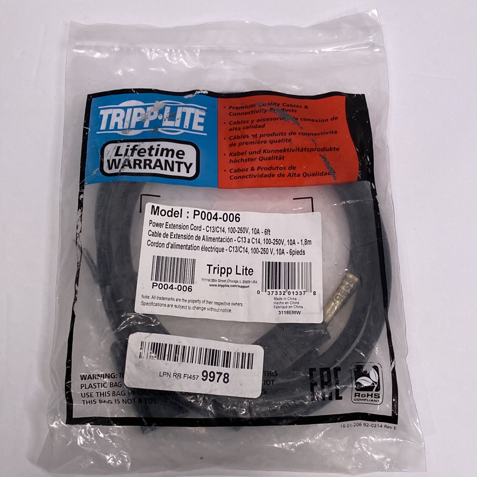 Tripp Lite P004-006 6ft 18AWG Power cord (IEC-320-C14 to IEC-320-C13)