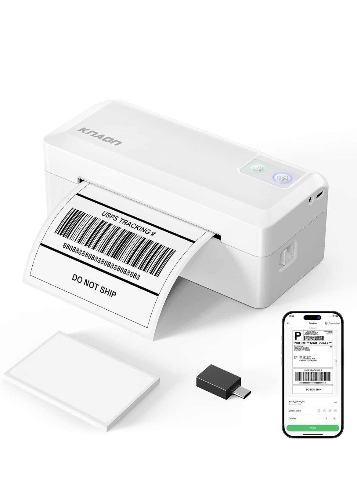 Knaon Thermal Shipping Label Printer, 4x6 Bluetooth for iPhone Android PC -White