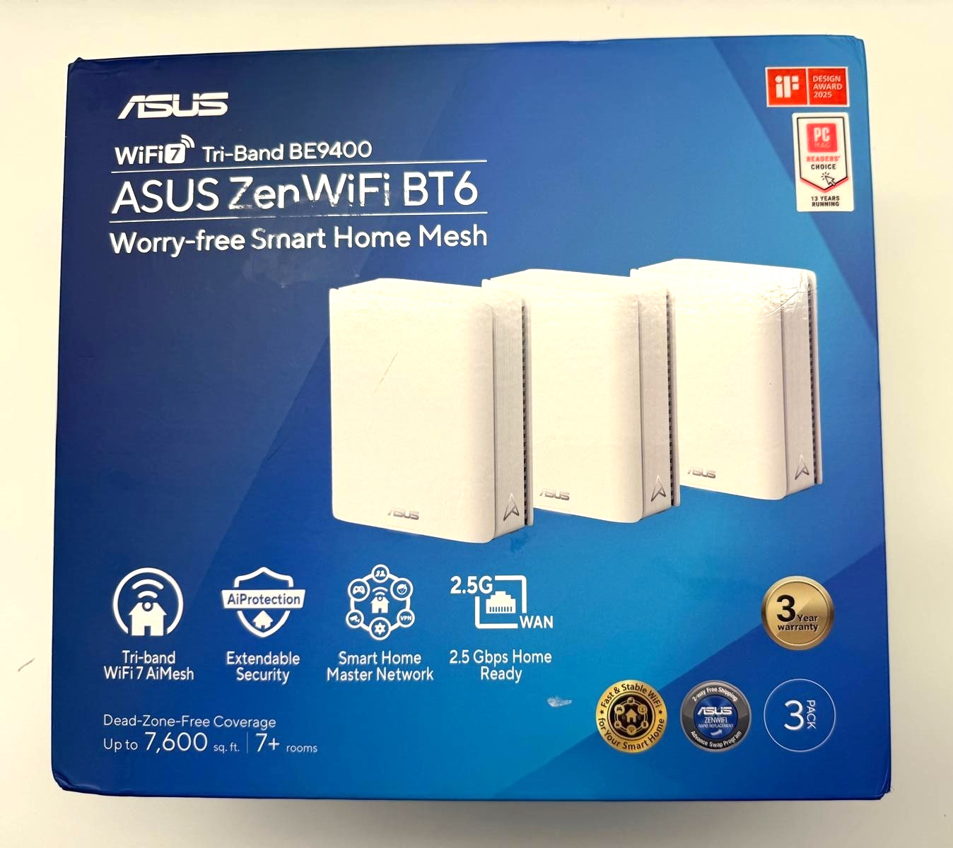 ASUS ZenWiFi BT6 WiFi 7 Mesh Router - Tri-Band, 7.6k sq. ft. x2 WAN (3 PK)