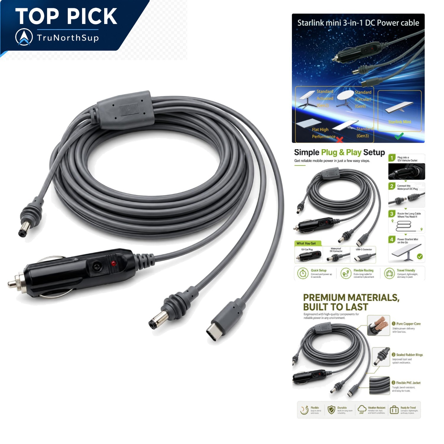 Starlink Mini Satellite Power Cable 16.4ft Waterproof 3-in-1 DC to USB-C for ...