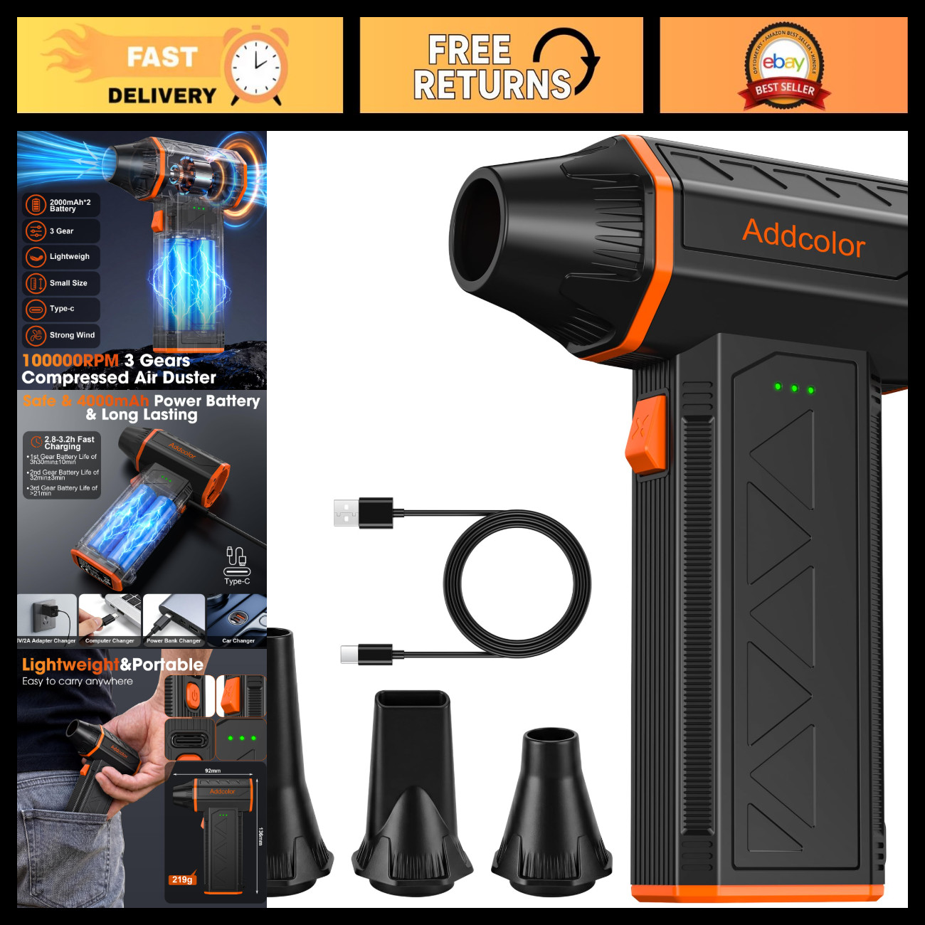 High-Power Electric Air Duster, 3-Gear Adjustable, 100000RPM Compressed Air Blow