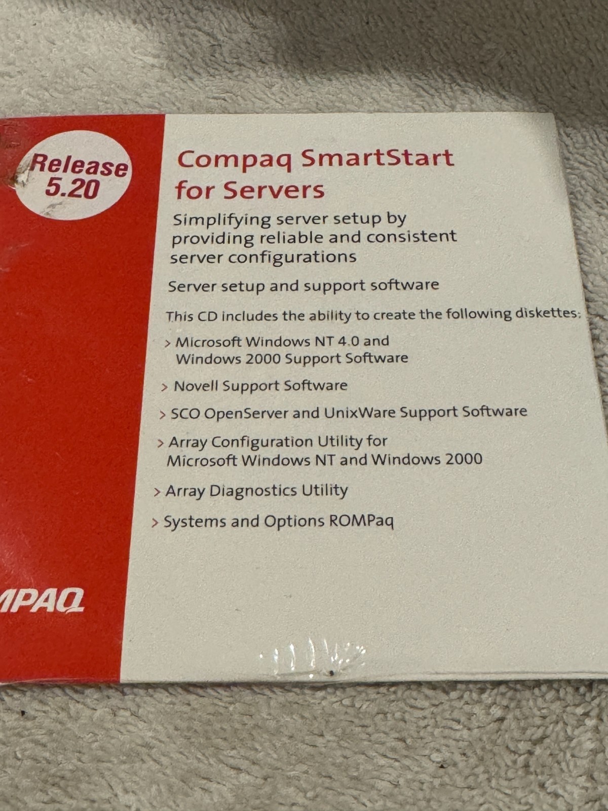 Compaq SmartStart for Servers Release 5.20 - CD ONLY NEW/SEALED