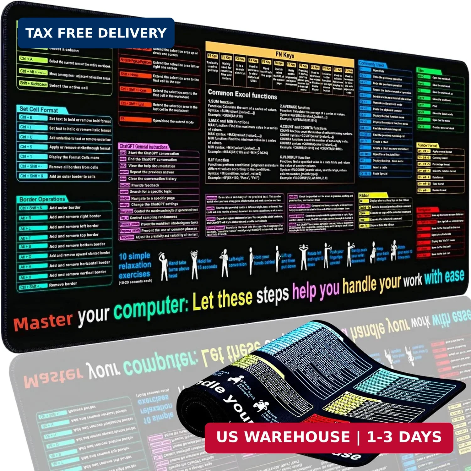 Excel Cheat Sheet Desk Pad Mat (11.8x31.5in) - XL Excel Formulas Shotcuts Mouse