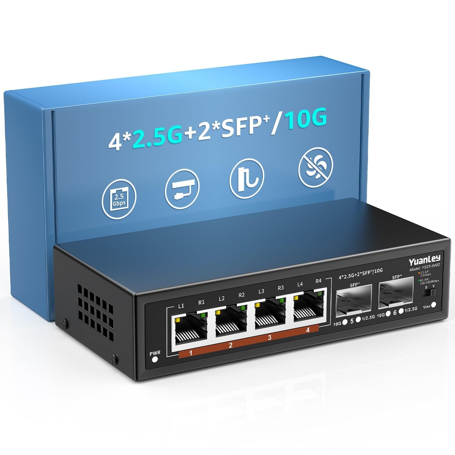 6-Port 2.5G Unmanaged Ethernet Switch, 4x 2.5G Base-T, 2x 10G SFP, Fanless, VLAN