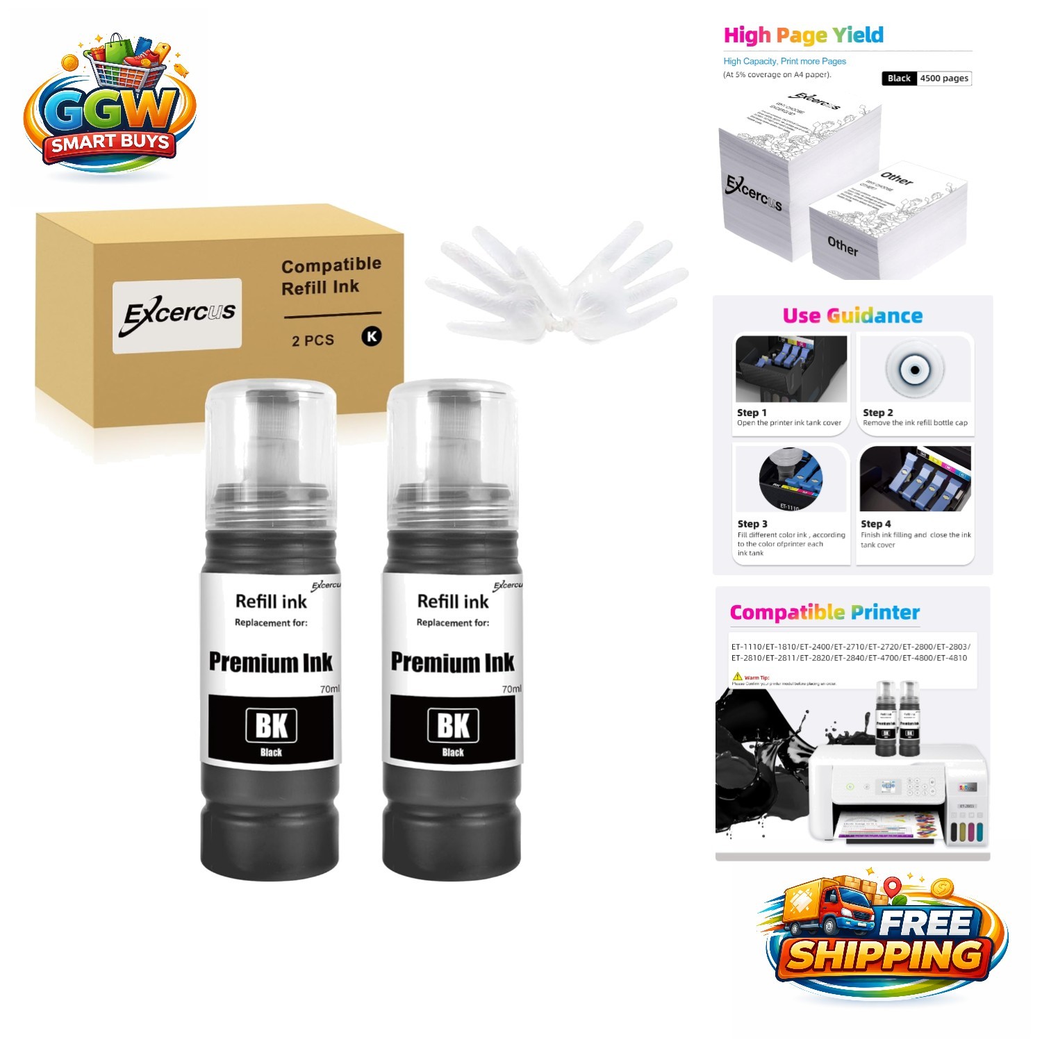Network-Ready Epson Ink Refill Bottles 5 x 70ml, 2 Black - High Quality Printing
