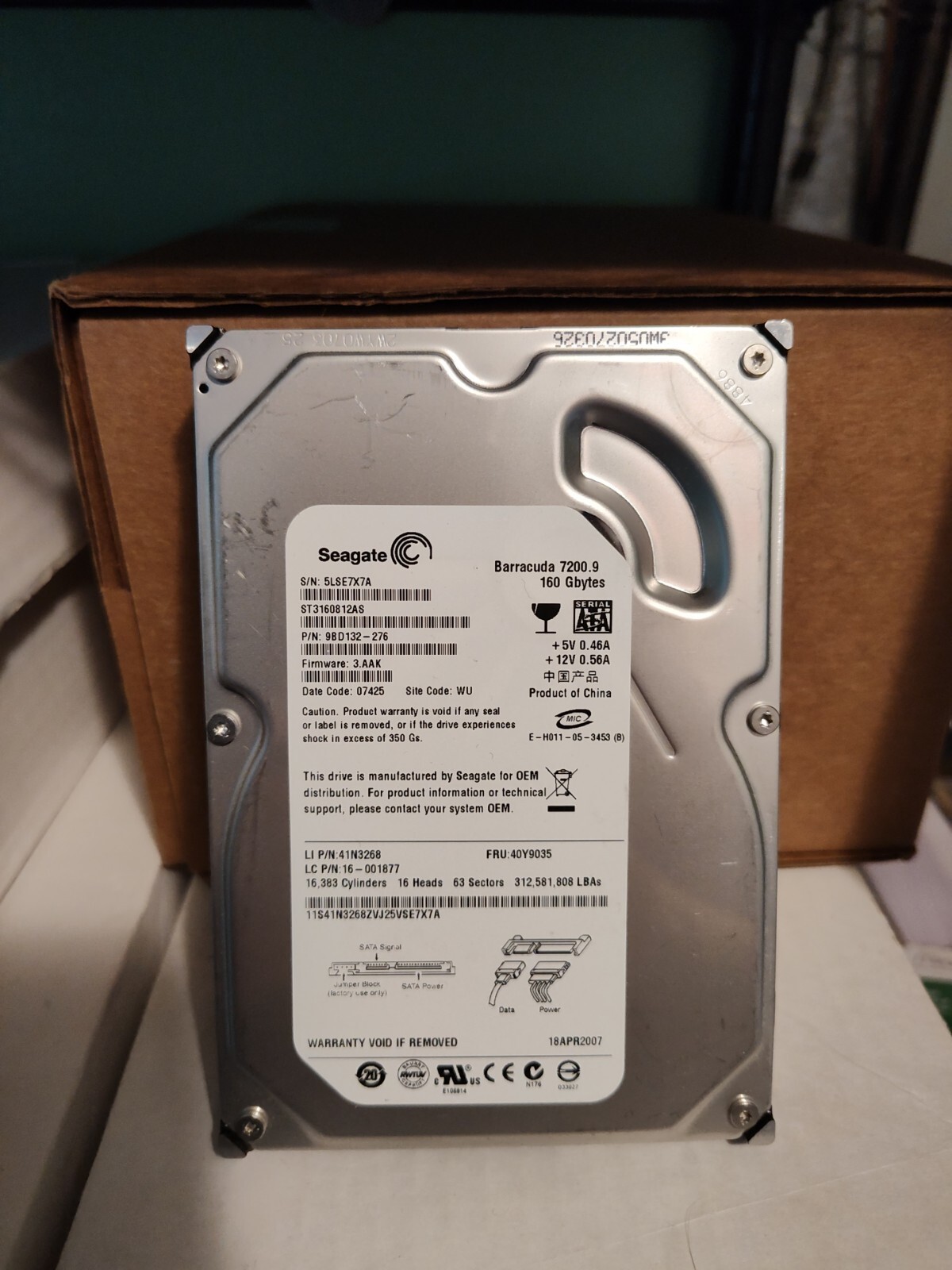 Seagate Barracuda 7200.9 160GB , ST3160812AS , SATA 3.5" HDD Item #042