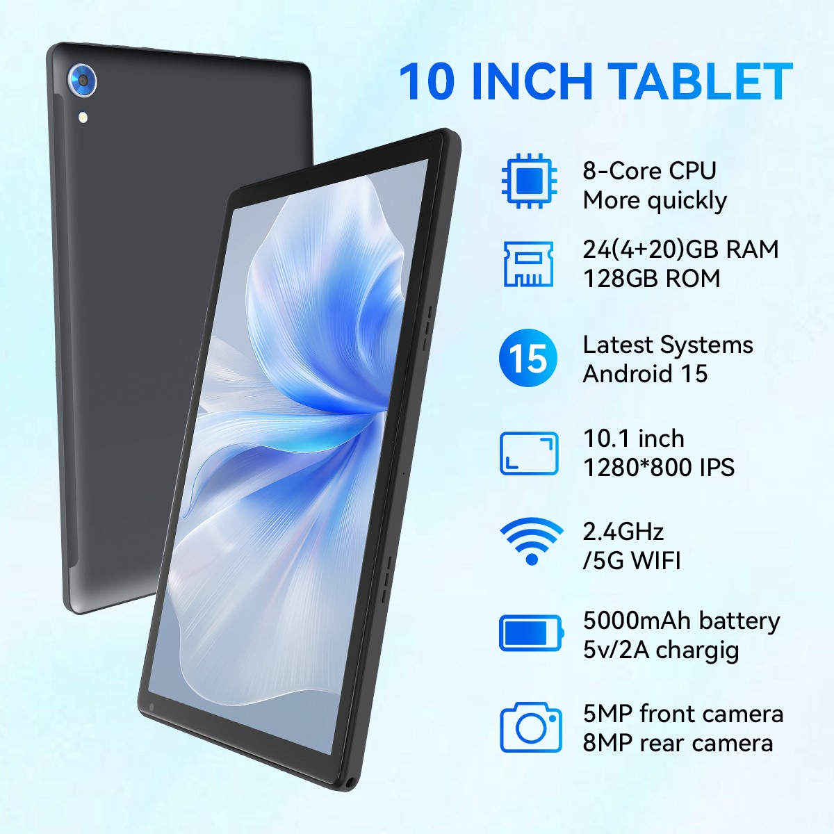 Android 15 Tablet 24GB+128GB ROM Dual Camera 8MP/5MP 5000mAh Octa-Core 10.1 inch