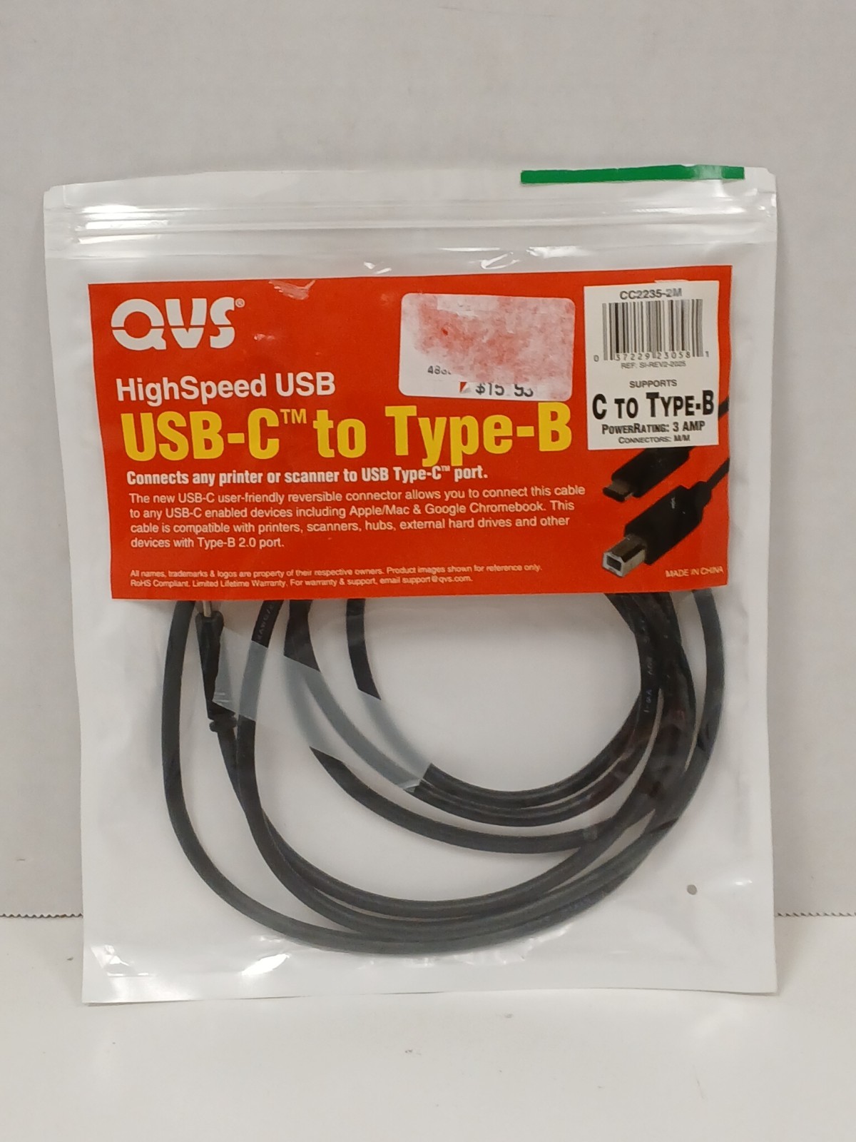 QVS HighSpeed USB-C To TYPE-B Data Cable, 6.5ft