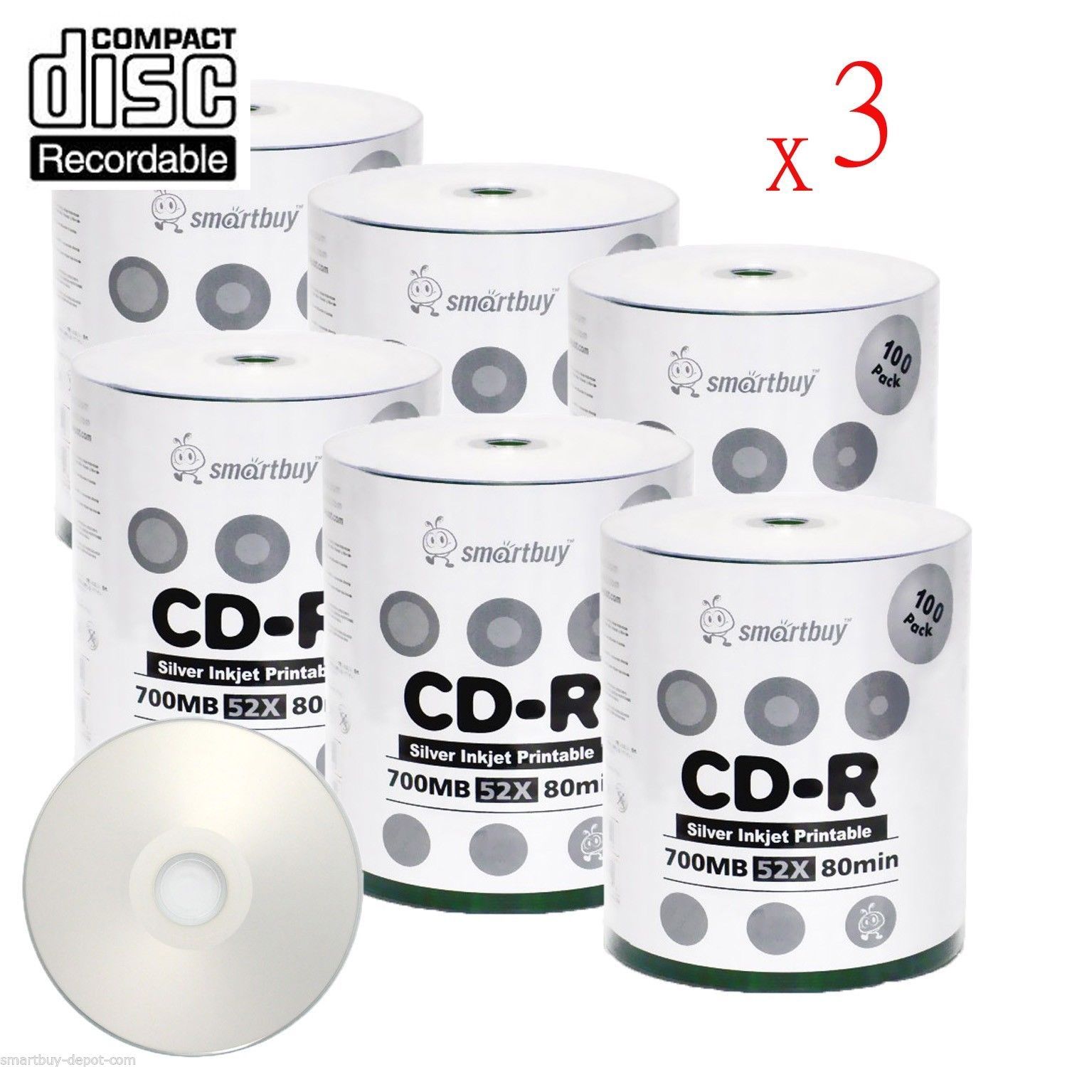 1800 SmartBuy Blank CD-R 52X 700MB/80Min Silver Inkjet Hub Printable Record Disc