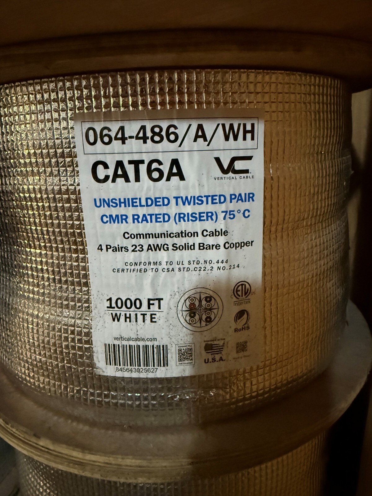 1000ft CAT6A Riser Ethernet Cable Solid Bare Copper, CMR 750MHz UTP Bulk White