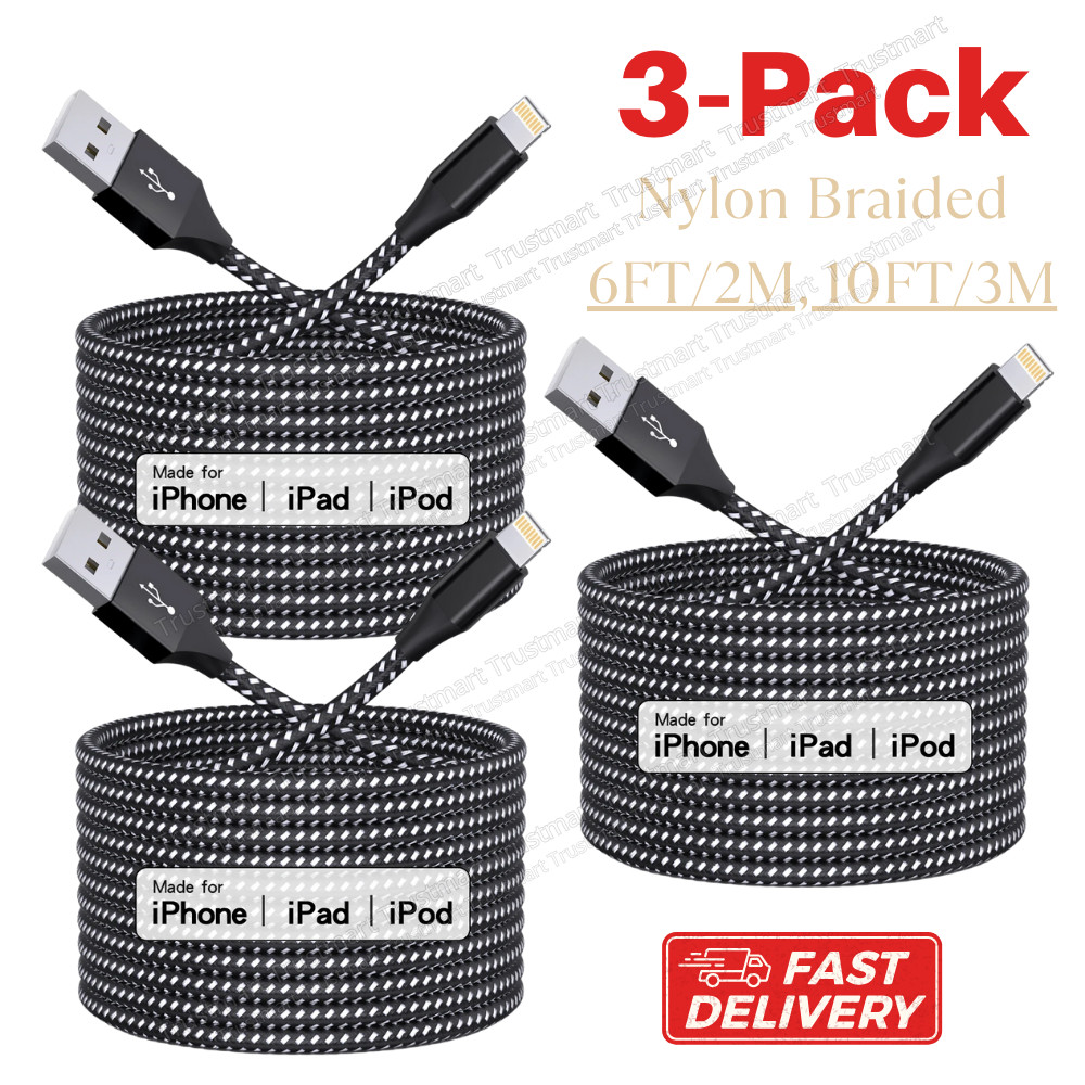 3Pack 6/10Ft USB Fast Charger Cable Lot For iPhone 12 11 8 6 5 X Heavy Duty Cord