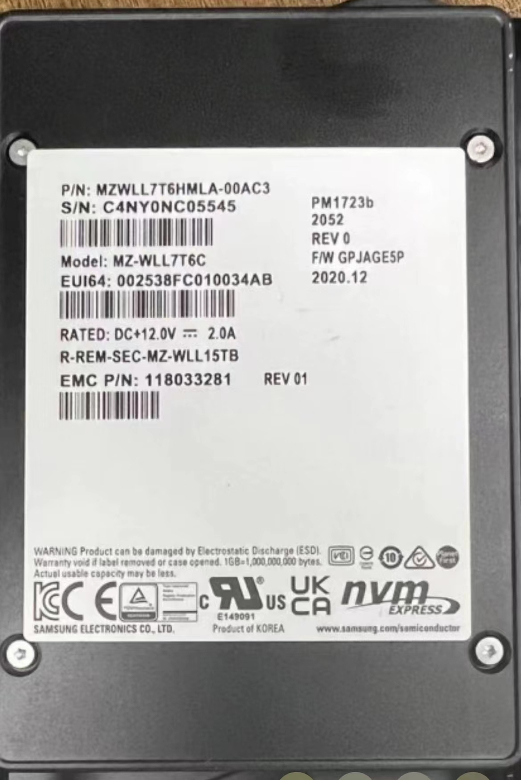 Samsung 7.68TB PM1723b SSD NVME 2.5" MZ-WLL7T6C MZWLL7T6HMLA-00AC3 server SSD